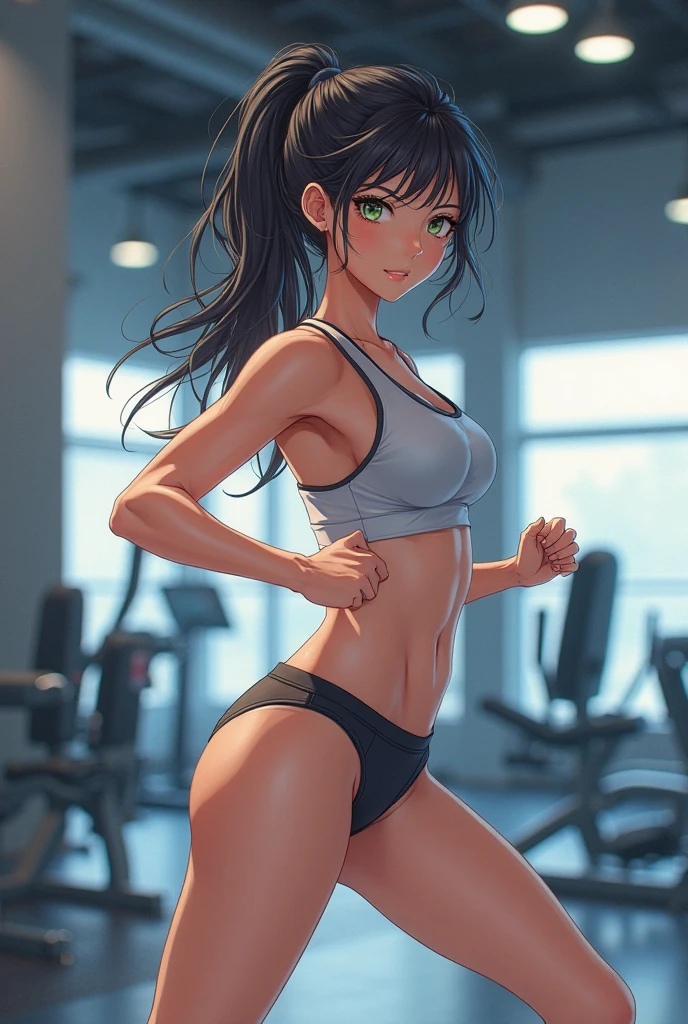(ultra-realistic rendering, highest quality), ((highest quality, 16k, masterpiece: 1.3)), (beauty, 1 girl), (realistic photo shot in a dark studio), (medium full body shot), (20 year old girl posing sexy in gym),random pose, (Sexy sports outfits), sports leggings, play sports often, beautiful and detailed face, small breasts,  glossy black hair,  (realistic glowing skin), masterpiece, highest quality, High Resolution Scan, (professionally color graded), sharp focus, rim lighting, 薄darkです, two-tone lighting, dark, Tifa,Hands in front of you, Emphasis buttocks,young sensual gravure idol, Glossy skin that looks wet!!, shiny silver, Cute freckles on the cheeks,((beautiful skin)),((skin texture)),((Real Touch)),healthy, Ruddy, Hair tied up with a rubber band,