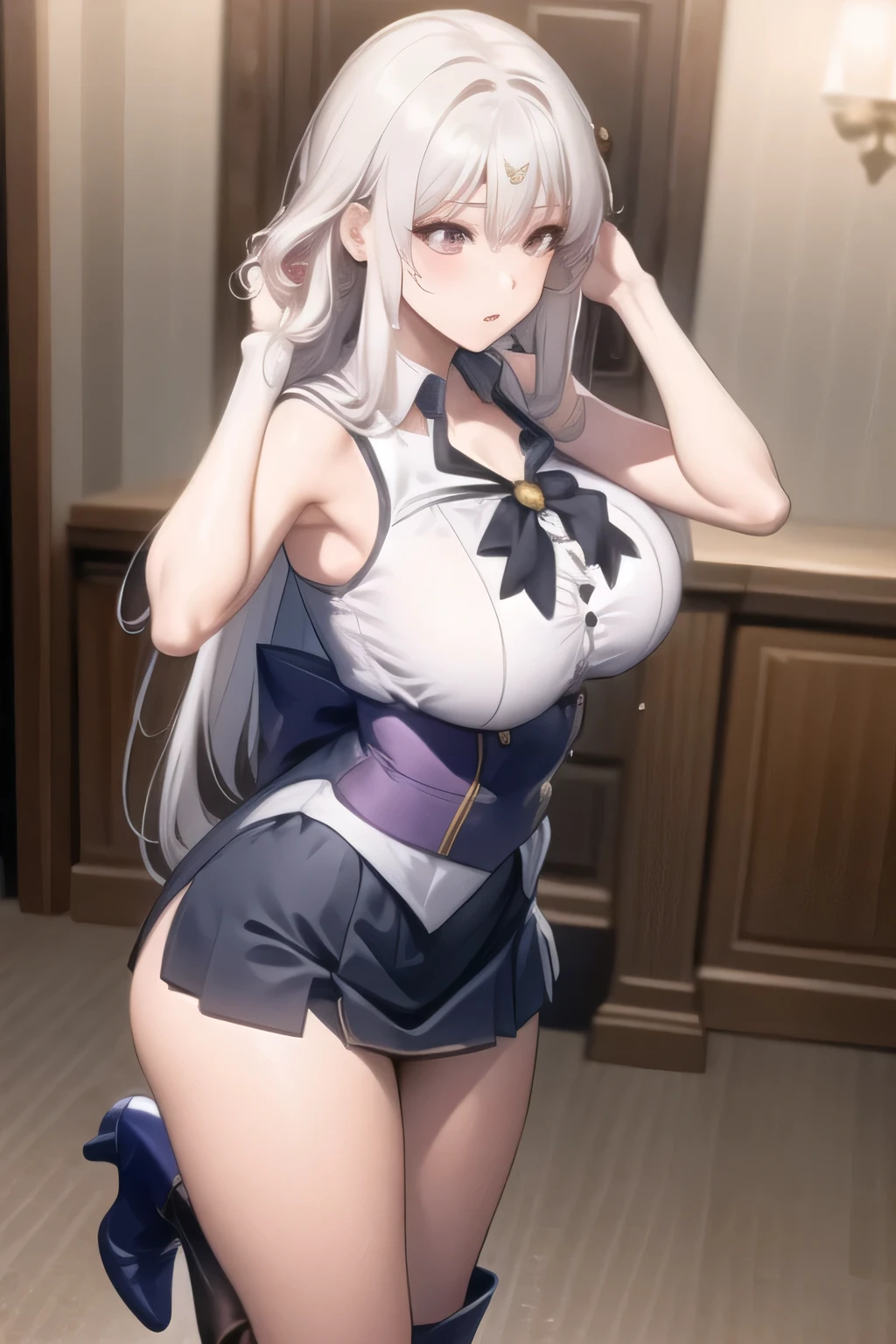 1girl, breasts, pantyhose, underwear, solo, long_hair, hair_ornament, skirt, panties, cleavage, bra, hairclip, thighband_pantyhose, blush, looking_at_viewer, panties_under_pantyhose, pleated_skirt, curtains, black_bra, closed_mouth, black_pantyhose, bangs, collarbone, undressing, skirt_pull, navel, very_long_hair, bare_shoulders, window, purple_eyes, indoors, black_panties, bare_arms, leaning_forward, grey_hair, large_breasts, clothes_pull, medium_breasts, lace_trim, brown_pantyhose, standing, hair_between_eyes, grey_skirt, lace, open_skirt,