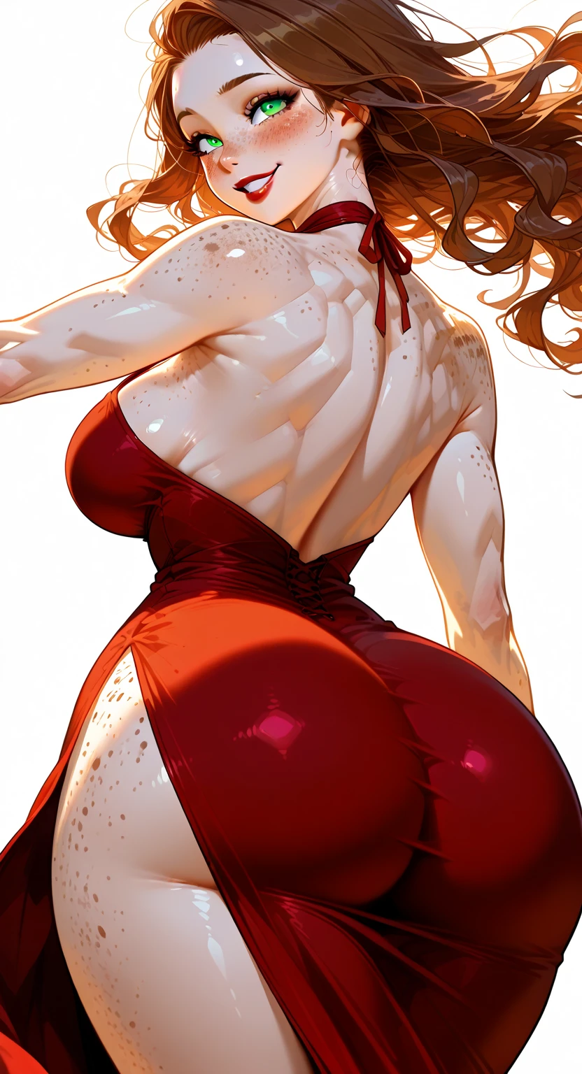 ((Best Quality)), ((Masterpiece)), ((Realistic)) 19 year old, redhead girl, shoulder length hair, relaxed happy face ((slender)) (busty), ((( strapless red bodycon dress ))) (( mini skirt )) ((sexy )) textured pixie haircut (((detailed character sheet, frontal view, side view, three quarter view))) (((white background))) 6 and a half heads full body