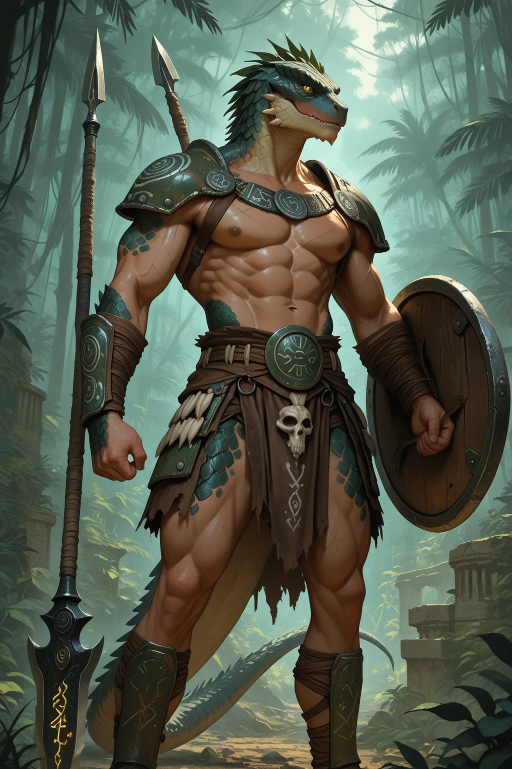 Muscular barbarian, partially  upper body, lower body uncovered from thighs to feet, bearded with beads, long flowing curls, intricate muscular details, photorealistic artwork, 4K quality. Background: Dense jungle with ancient ruins,32k uhd, best quality, masterpiece, super detail, high details