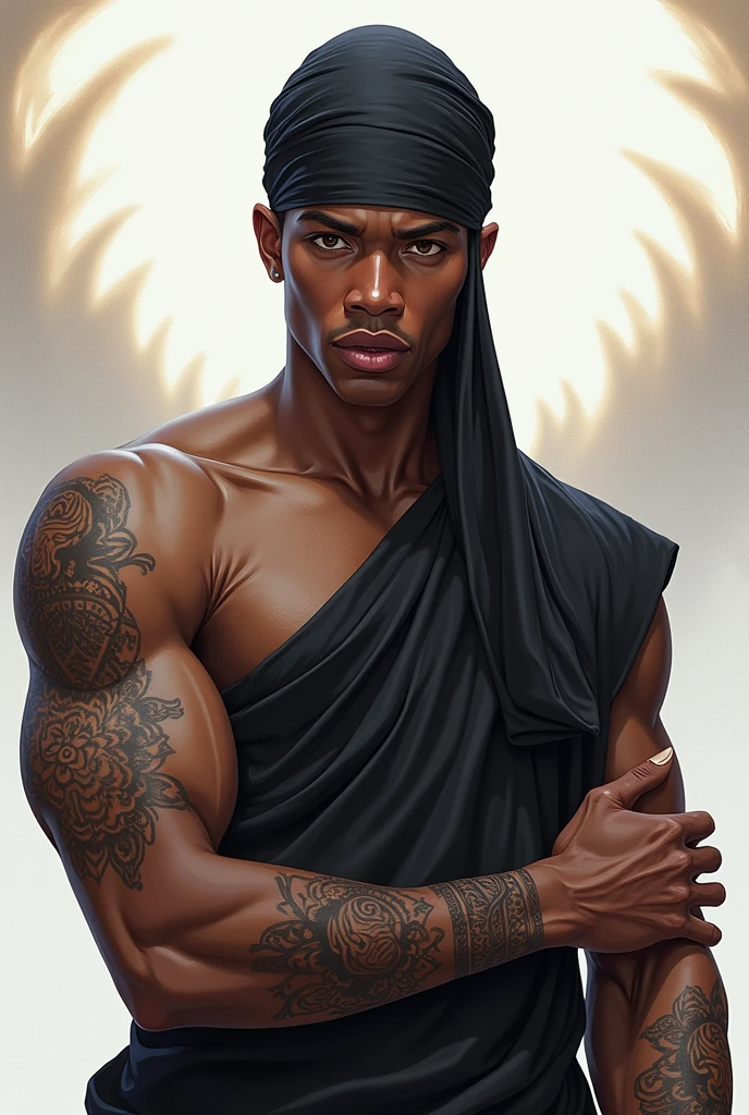 Create a hyper-realistic illustration of a young man, skin black, jaw and marked features, and short hair, well combed back and black color, tribal clothing, fully body, white background