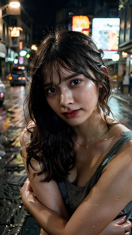 young angel with the most beautiful face wearing a wet transparent white t-shirt in a parking garage