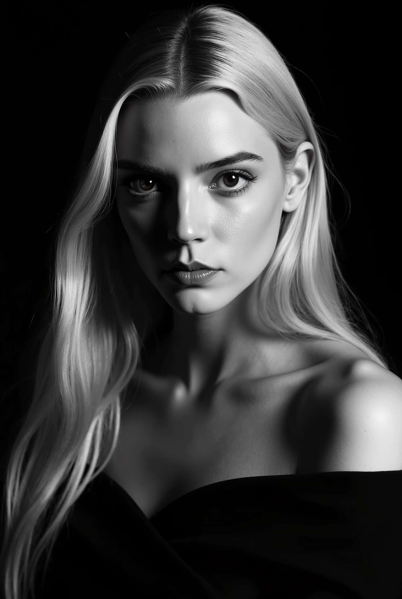 In a monochromatic setting, a girl showcases striking long, blonde hair that flows freely over their shoulders. The hair is characterized by its smooth texture and subtle layers, catching the light in gentle highlights that contrast against a shadowy backdrop. The choice of black attire blends seamlessly with the dim surroundings, enhancing the overall mystery and timelessness of the portrait. The composition focuses on the interplay between light and darkness, emphasizing the graceful lines of the hair and the serene calmness of the scene. Open shoulders and collarbones emphasize the femininity and seductiveness of the girl. She has a charming look and a sensual expression on her face. There are highlights in her dark eyes. close-up portrait, high quality, photorealism, masterpiece, professional photography, classic black-and-white photography, intricate details,