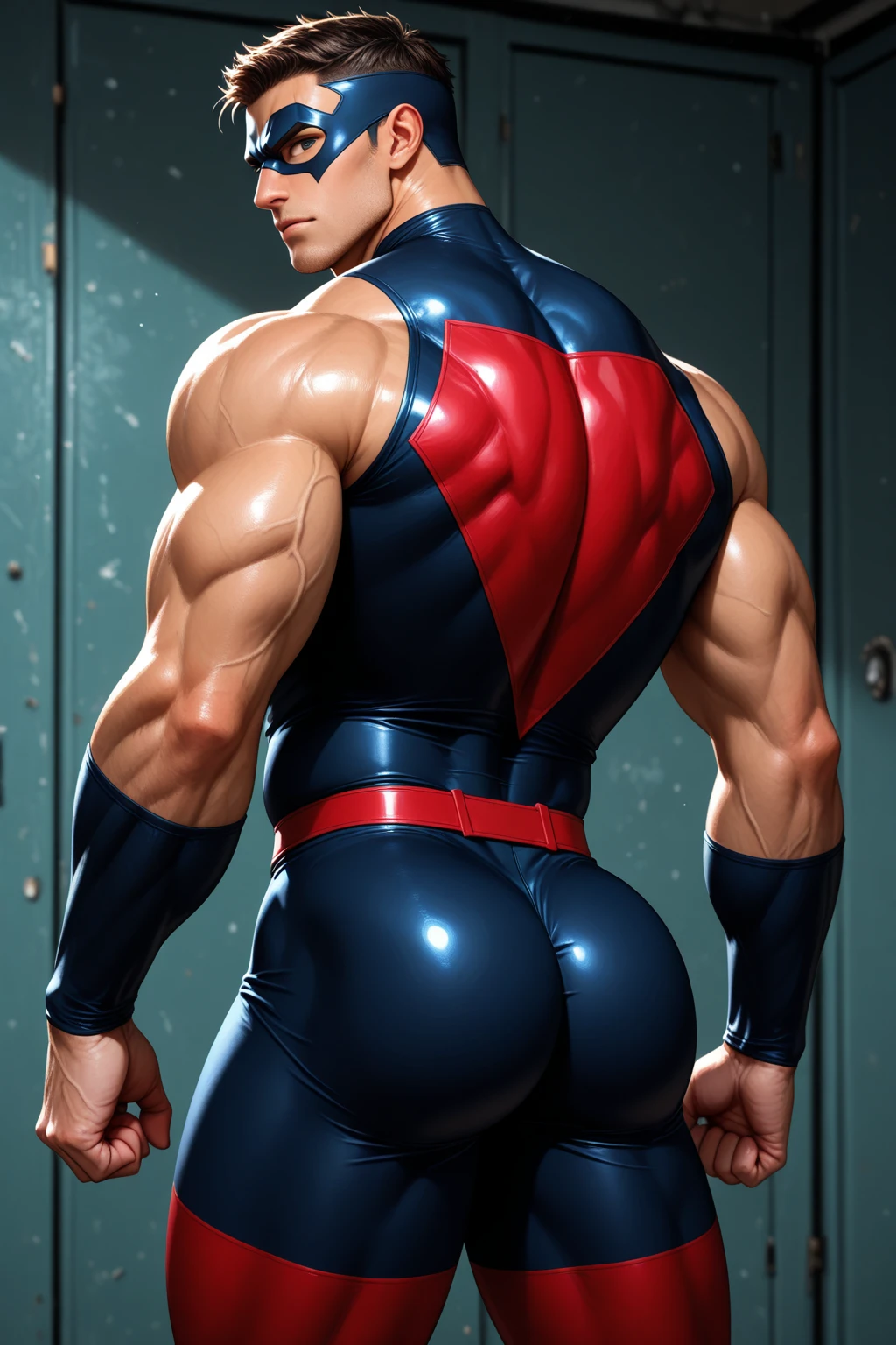 masterpiece,best quality,Look up at the characters,Stay away from the camera, (An 18-year-old boy with extraordinary development:1.2), Tall giant,(Kneeling upright in the campus hall),Orange tight cycling suit,muscle veins,(Broad and straight shoulders),Inverted triangle figure,Muscular shoulders,(Extremely strong body),Muscular body,Fitness,Perfect body proportions,Inverted triangle figure,Biceps,Highlight muscle texture, Muscular body,Slender and toned legs,Tilted head,Small head,Handsome and cute face,Perfectly detailed facial features,Looking at the camera,A serious and angry expression,Radiant Skin,leaning back,head tilt, happy, very short hair, brown hair,(looking at viewer:1.2),Vision