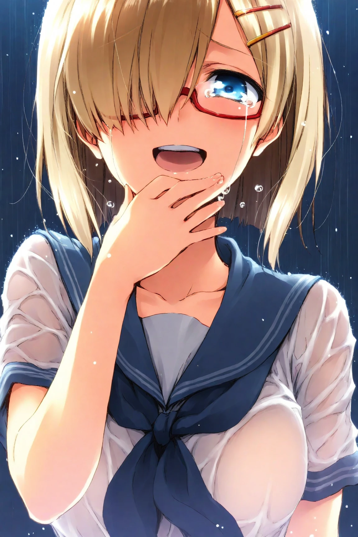 nsfw, (masterpiece), (photo realistic1.4), ultra high res, best quality, 8k BREAK solo, solo, 1girl, (idol master),(anastasia),(16yo, an extremely beautiful girl, beautiful face, perfect face, cute symmetrical eyes, double eyelid,blue eyes,flat chest,midium breast,Slender figure, silver hair, short hair, (kneeling down on the ground),(japanese high school sailor uniform),(open clothes), (Front view),(((multiple boys, peeing on a girl,multiple penises, gangbang)),((ecstasy torogao, saliva trail, nose blush,one eye closed,out tongue)),cleavage of the breast,happy,((smile:1.9),((cum on body:1.9)),((cum on face:1.9)),(cum on hair:1.9),(cum on glasses:1.3),(looking at viewer),(night time,class room),