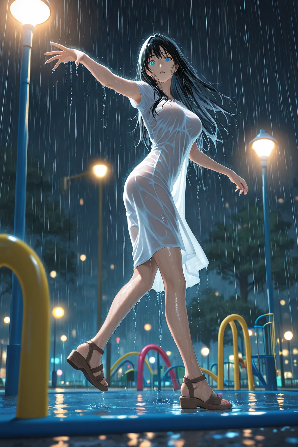 (masterpiece,top quality,high quality)), ((8K wallpaper unified with high-definition CG)), (huge shot of stunning goddess, so hot and sexy, Amazing beauty, perfect proportions, beautiful body, slim body beauty:1.3), (dancing in the rain:1.5)), Woman in white dress dancing in the rain, dancing in the rain, sloshing rain, soggy, soggy body, Lust, wet in the rain, wet dress, backlighting, rain, wet hair shaking, splashing rain, evening, rain, dancer portrait, backwards, looking to the other side, Rough stance, a hand pinching the hem of her skirt, one leg raised high, dynamic composition, view from behind, full body shot,