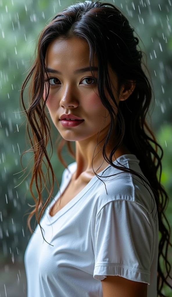 Realistic, High resolution, 1 Female, alone, Displaying the viewer, (Detailed face), Naked in a white shirt, rain, Beautiful Face, Half Body Shot