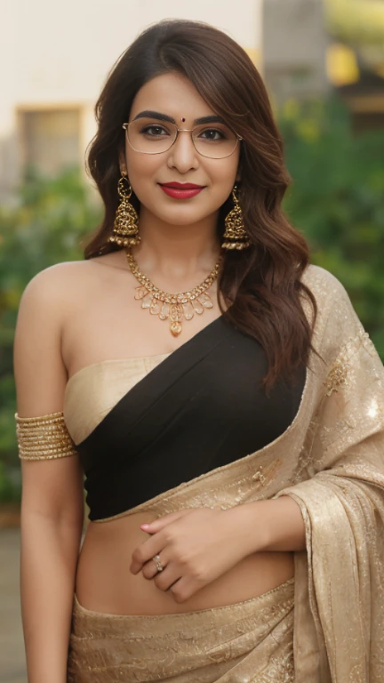extreme close up photo of naked indian, big cheeks, hourglass figure, curvy, kneel down on all four on table in office, red lips, nerd glasses,big , necklace, sultry, only saree, no blouse,no bra,look at viewer and subtle smile, (cinematic:1.3), intricate details, (ArtStation:1.2)