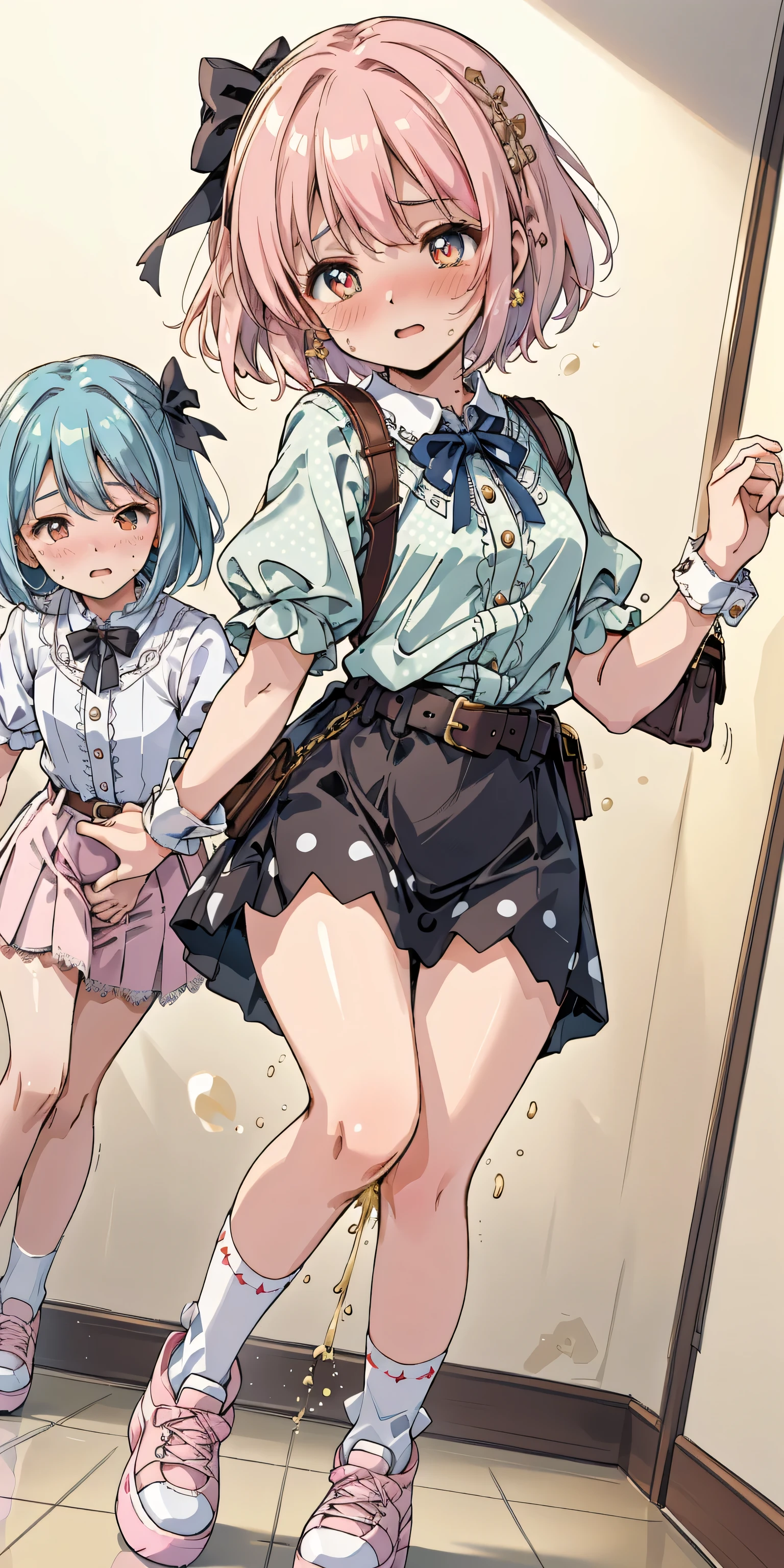 2 girls, smile, shirt, skirt, (small),((classroom:1.5))、、(blush:1.3)、((青いチェック柄のskirt:1.5))、Cowboy Shot、(skirt lift:1.3),(非常に詳細なpanties:1.3)、(非常に詳細な白いpanties:1.3)、、(skirt that rolls up:1.3)、(まる見えのpanties:1.5)、,((Pure white cardigan)),(((Luxury underwear)))、((Light blue floral underwear))),(((panties、Embroidery pattern)))、 