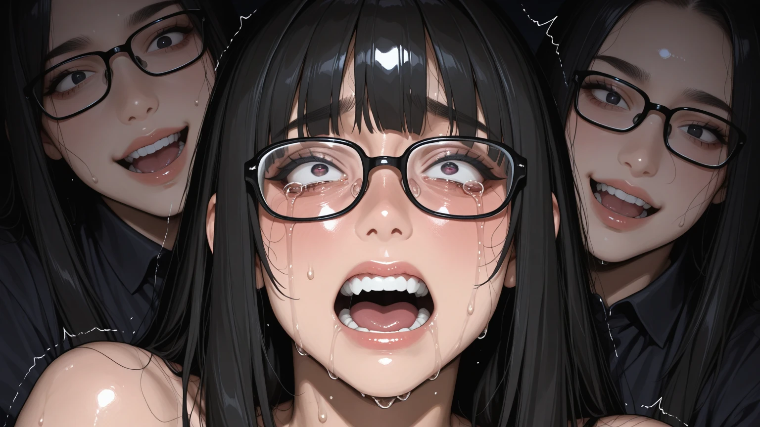 Brown Hair　Shortcuts　Glasses　liquid　face　Bukkake　white　