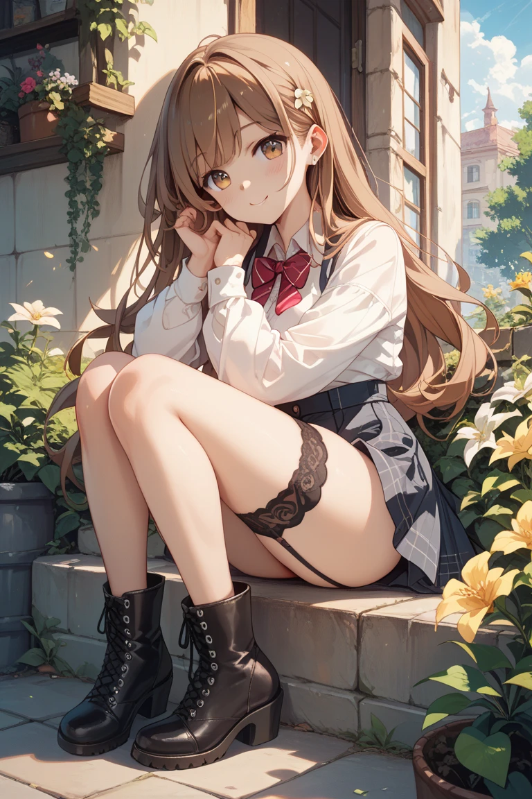 realistic image, detailed image, coherent image, 1 beautiful elf, she has very long hair, brown hair, violet eyes, smiling, sweating, she is wearing a loose blouse, showing her navel, plaid pleated mini skirt, boots up mid-thighs, She has a curvy body, medium breasts and thick thighs, She is lying under the shade of a tree, arching her back, surrounded by flower petals falling around, inside a patio with flowers, sunset, twilight , Soft focus, full body view, Dramatic shadows, Volumetric lighting, natural lighting,