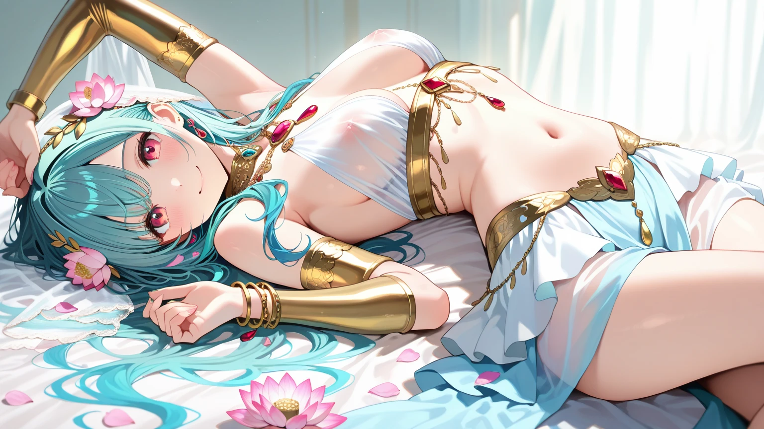 (((depict cute girl))), aerial dance, brown hair, long hair, straigh hair, green eyes, sunshine, nice hips, (((light blue transparent veil pajama pants))), ((pretty white panties stick out)), (Masterpiece, Excellent, complex details), delicate girl, delicate face, sumptuous palace, large windows, gold and precious stone jewelry