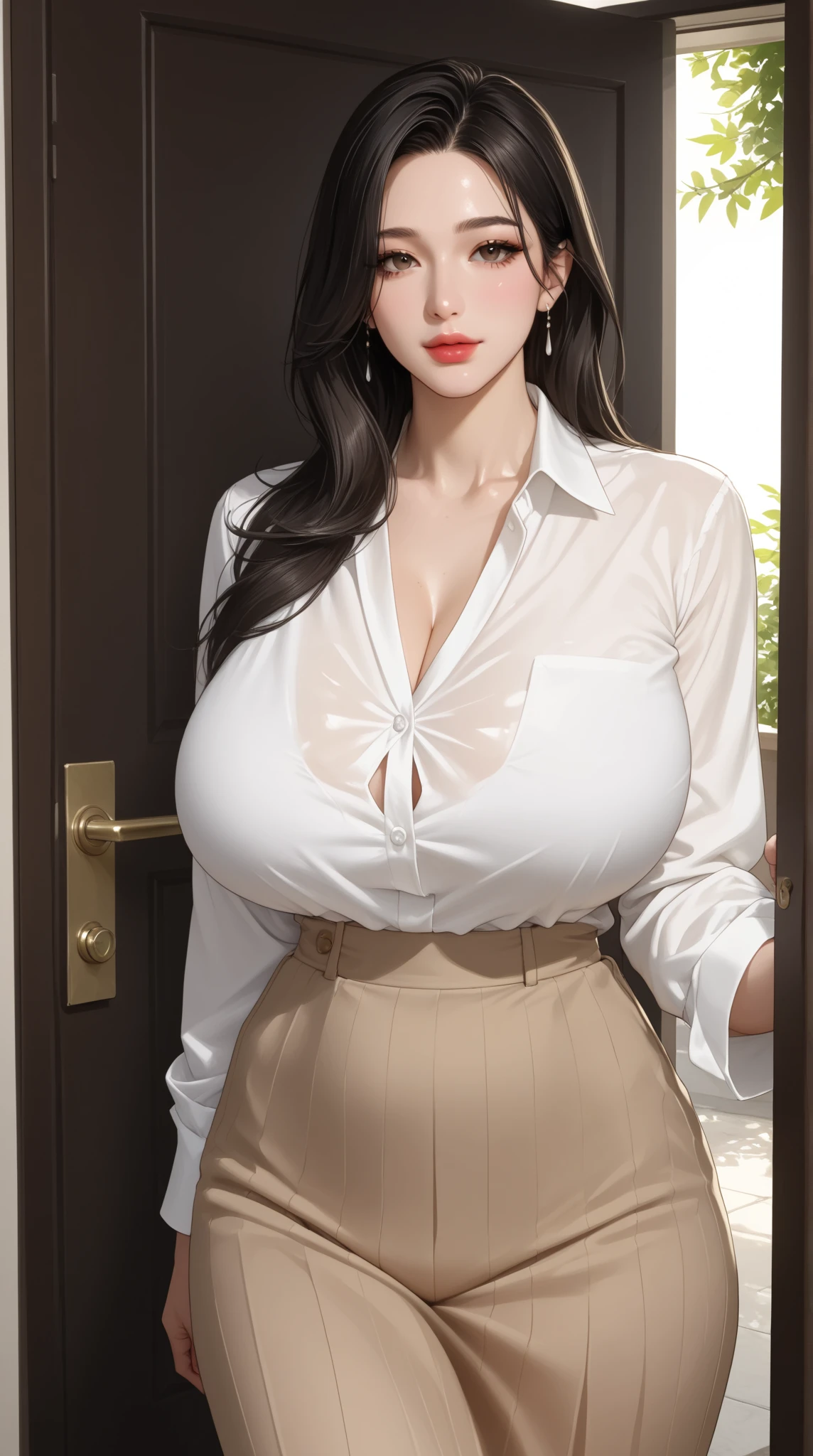(hyperrealistic), (illustration), (high resolution), (8K), (extremely detailed), (best illustration), (beautiful detailed eyes), (best quality), (ultra-detailed), (masterpiece), (wallpaper), hyperrealistic, hyperrealism, super detail, anatomically correct, (detailed face), (closed mouth), pink lips, solo, 1 girl, wavy blonde hair, (beautiful cute Korean woman:1.7), (beautiful cute JAV Idol woman:1.7), heterochromic eyes, (detailed blue eyes), small moles under the eyes, see-through shirt, transparent white shirt, yoga black panties, (realistic big breasts:1.5), nipples_are_barely_visible, long legs, tight abs, cameltoe, dynamic pose,