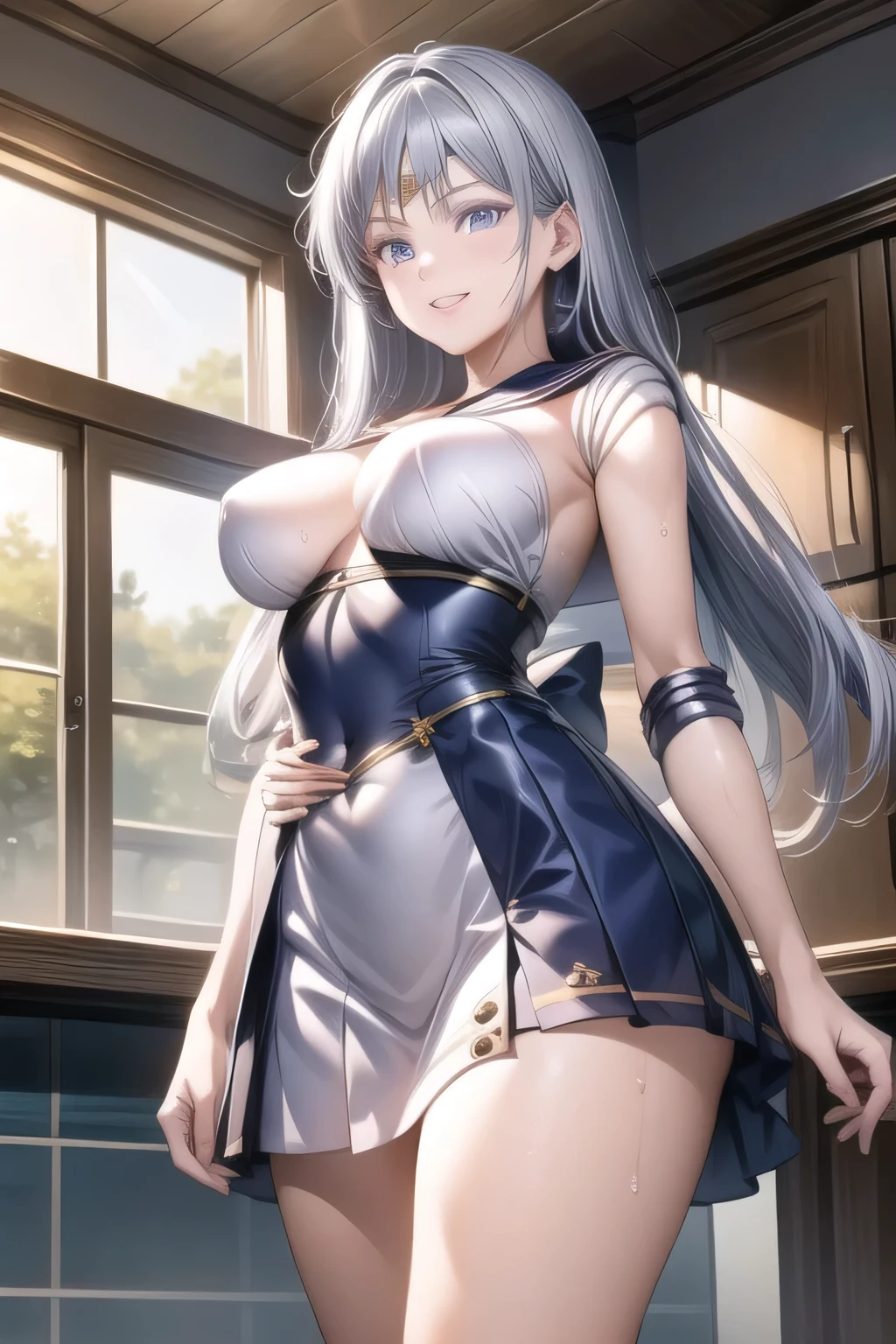 masterpiece, best quality, highres 64k, professional artwork, famous artwork, clean, cinematic lighting, beautiful eyes + detail, beautiful hair + detail, (sexy young female body:1.4), ( medium breasts, lactation), ,<lora:Honkai Star Rail-bronya rand:0.8>white hair,((embarassed,blush,)),(((aeroal slip))),virgin killer sweater, sideboob, sleeveless,indoors, grey sweater, standing,bang <lora:virgin_killer_sweater:1>diffe
