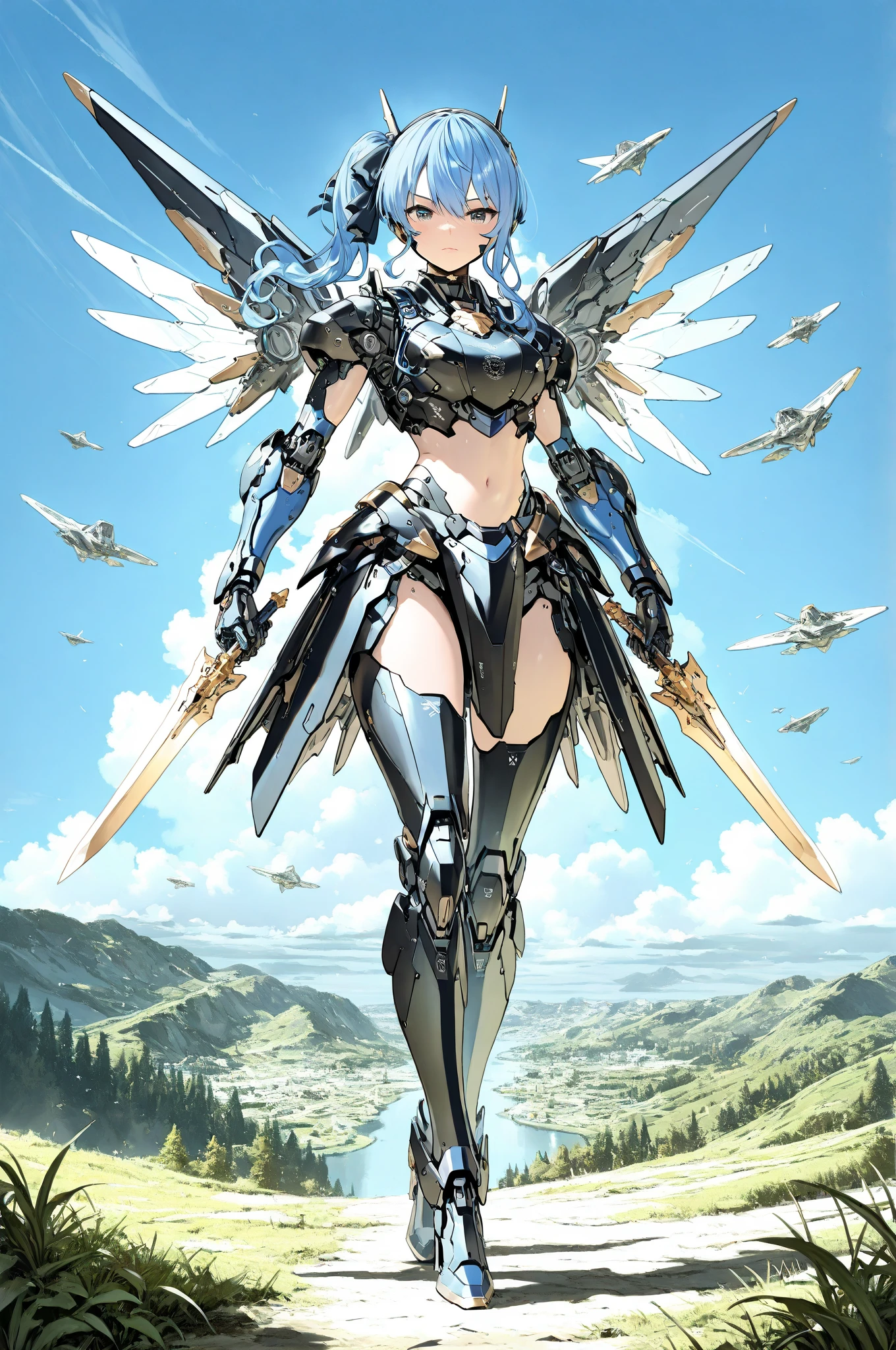 ((anime infinite stratos art, masterpiece, 4k, extreme quality)).
the theme is gothic. the setting is a magical forest, very detailed, full of different animals, it's afternoon. Snow White wearing a IS armor(short-ranged IS, blue and red, byakushiki-like, Disney's Snow White based) and wielding long katana(cybernetic and futuristic, one in each hand), short black hair, very large and huge breasts G Size(her breasts so amazing), she is slightly chubby, fierce bahavior, posing of battle, fullbody.
the atmosphere is cool.