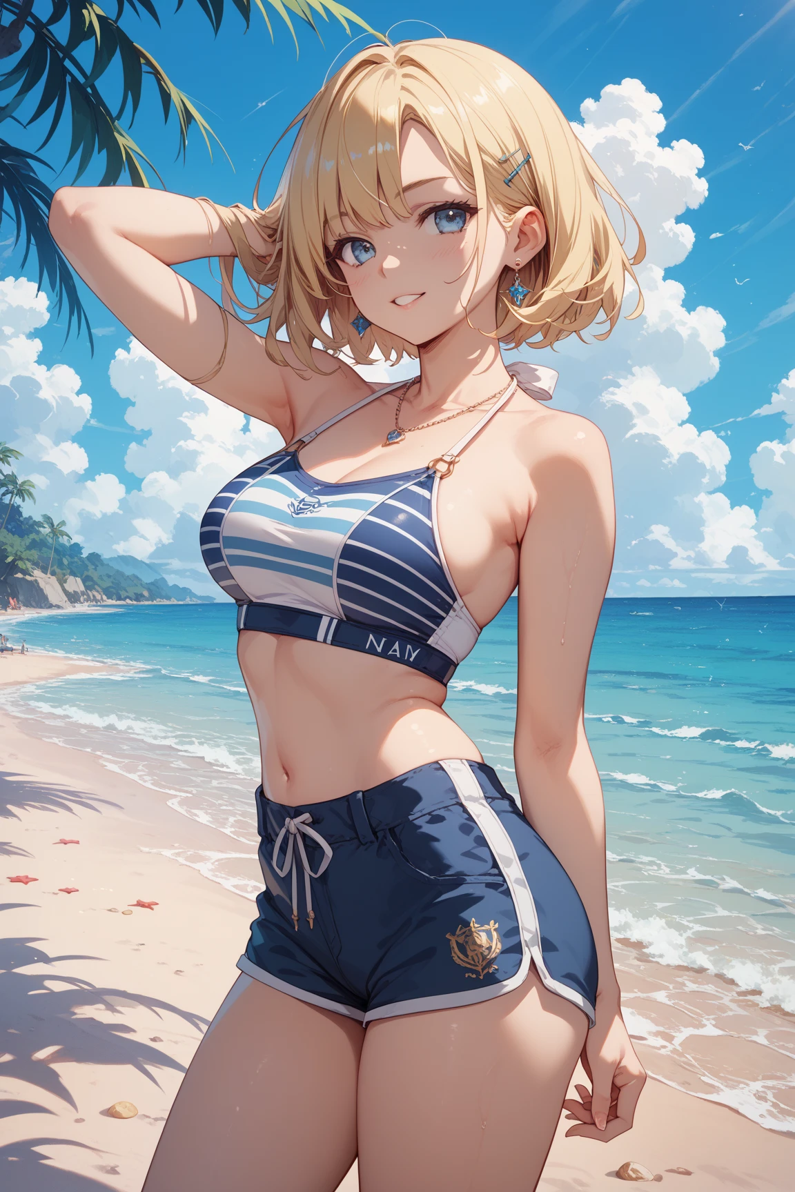 (highest quality, High resolution, perfect pixel, Depth of bounds written, 4K), (from front), beach, detailed eyes, (1 lady), tall, (skinny body:1.2) , (thin thighs:1.2), (Narrow hips), large breasts, blond hair, (ponytail:1.2), (denim short pants yellow bikini:1.2), (unbutton:1.3), (cross halter bikini), (rio cut pants), (panty strap:1.3), (standing), left Hand on Hip, (arm behind head), (seductive smile), blush, sweat, 