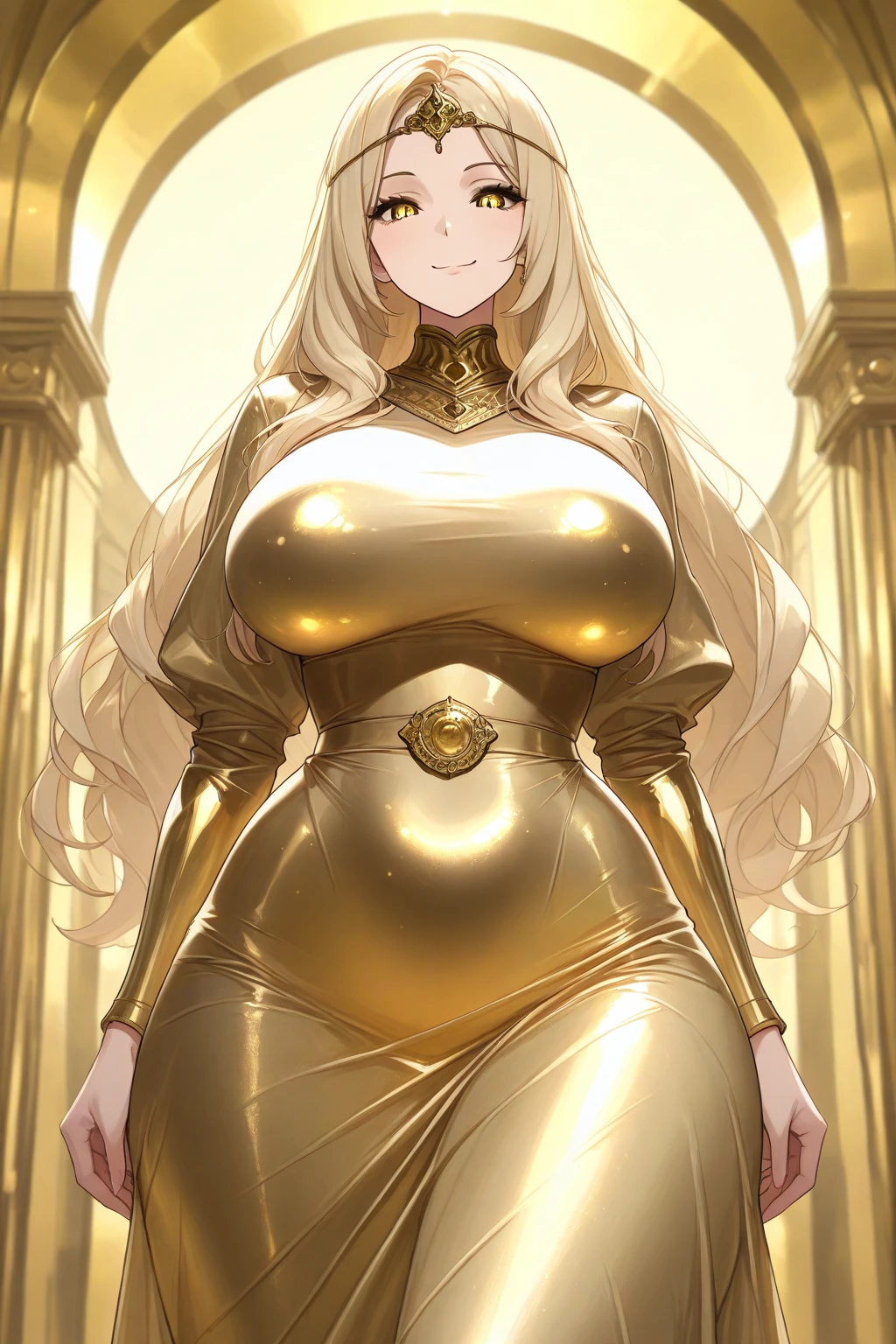 An extremely beautiful stunning busty woman, with gold blonde long silky hair, big blue eyes, extremely super bright snow white fair stunning flawless glowing lush shiny flawless white skin, a perfect tight hourglass figure, and a skinny waist, sexy thick smooth luscious legs and thighs, extremely cute smile on the face, bright pink blushes on cheeks, wearing a short sexy tight revealing white bikini with threads, yellow heels, gold necklace on the neck, gold anklets on feet, gold chain on the waist, standing straight, holding a red roses bouquet, beach in the background, show full body from head to feet.