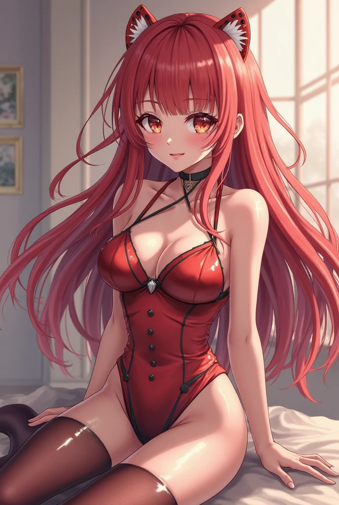 Beautiful young girl, long scarlet hair, red eyes, lingerie, well-lit, bedroom, succubus.