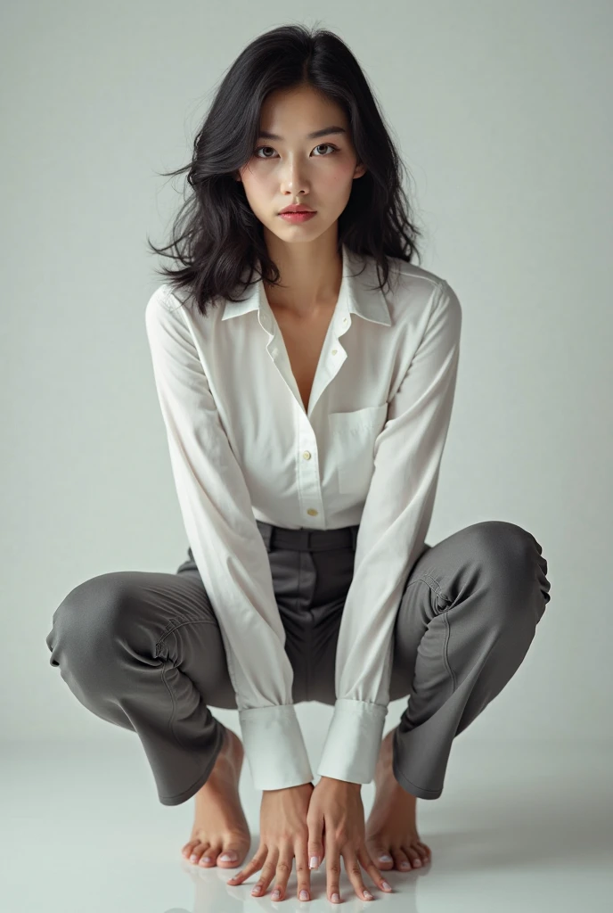 Japanese,young, (alone), 19 years old, (double),whole body,ponytail, Glamour, Pure white skin, Photographed from the front,Observe the audience、(Office Lady)、(Black suit)、(Black Pantyhose),Black high heels、garden、Squat,