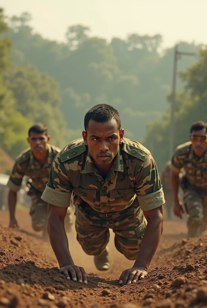 advertisement for nepali youth from pokhara doing push ups for british soldiers selection in a ground
