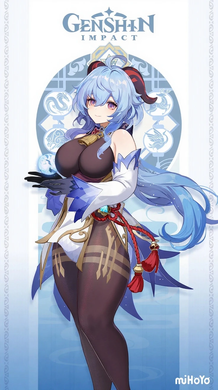 Realistic, High resolution, 1 female, blue long hair, beautiful eyes, normal breast, Ganyu's clothes,mitt, horn, neck bell, pantyhose, purple eyes, side lock, nipple tassel, white sleeves,(hired \(genshin impact\))