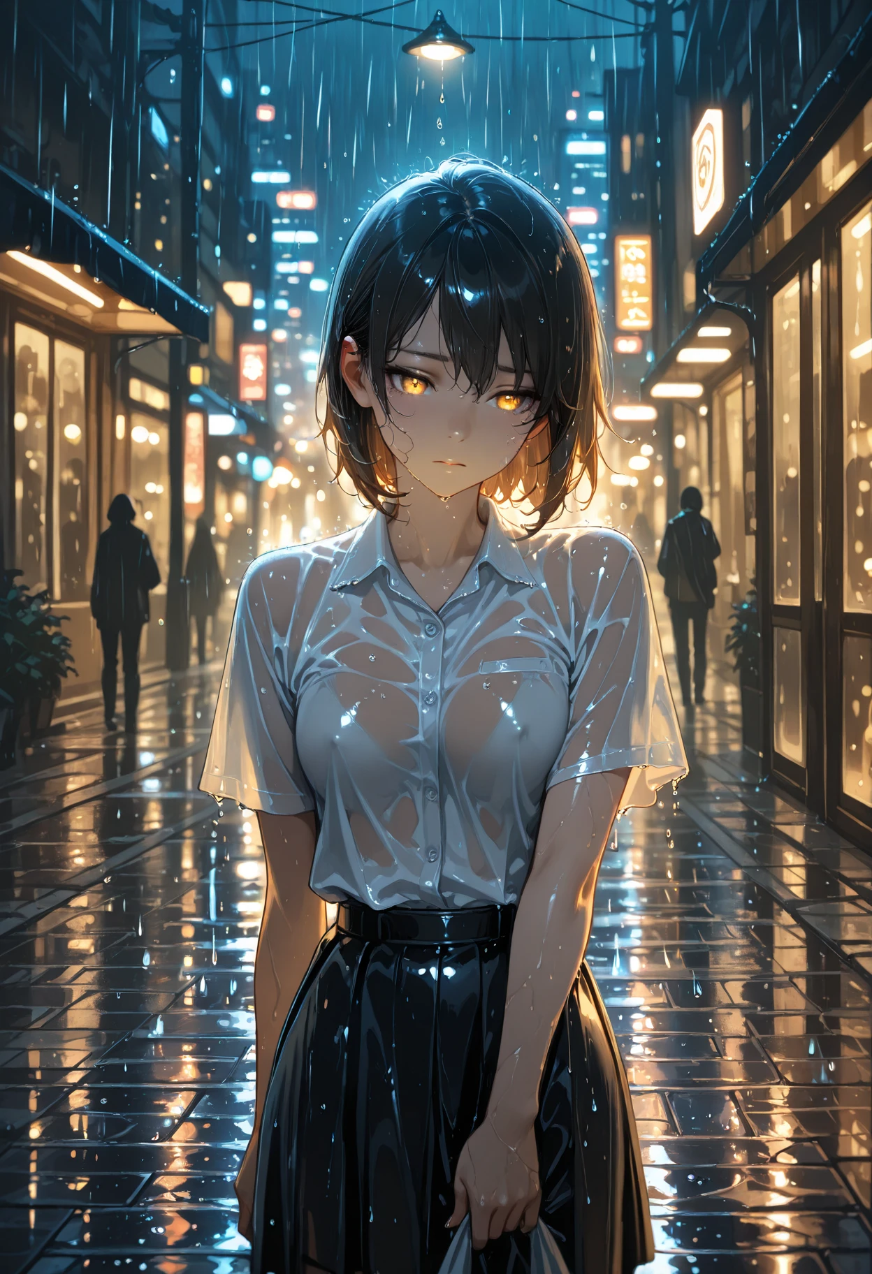 ((high quality, 8k, 4K, High Contrast, masterpiece:1.2, highest quality, Best aesthetics)),cowboy shot,1 female,((beautiful and cute woman,beautiful detailed face and eyes,big gorgeous eyes)),The perfect 25 years old, Japanese、Black Hair、Straight hair,short bob hair,bangs,Anxious expression、tears,oily skin, gleaming skin,(medium breasts,small face:1.4,slender body,skinny),((Wet with rain、Wet clothes)),white formal shirt、Short sleeve、Black tie、Tight mini skirt、barefoot,Black pumps、I stumbled and fell、Puddle,Heavy rain、on street,Tokyo,at night、(Textures and environments、Professional photos、Perfect lighting).