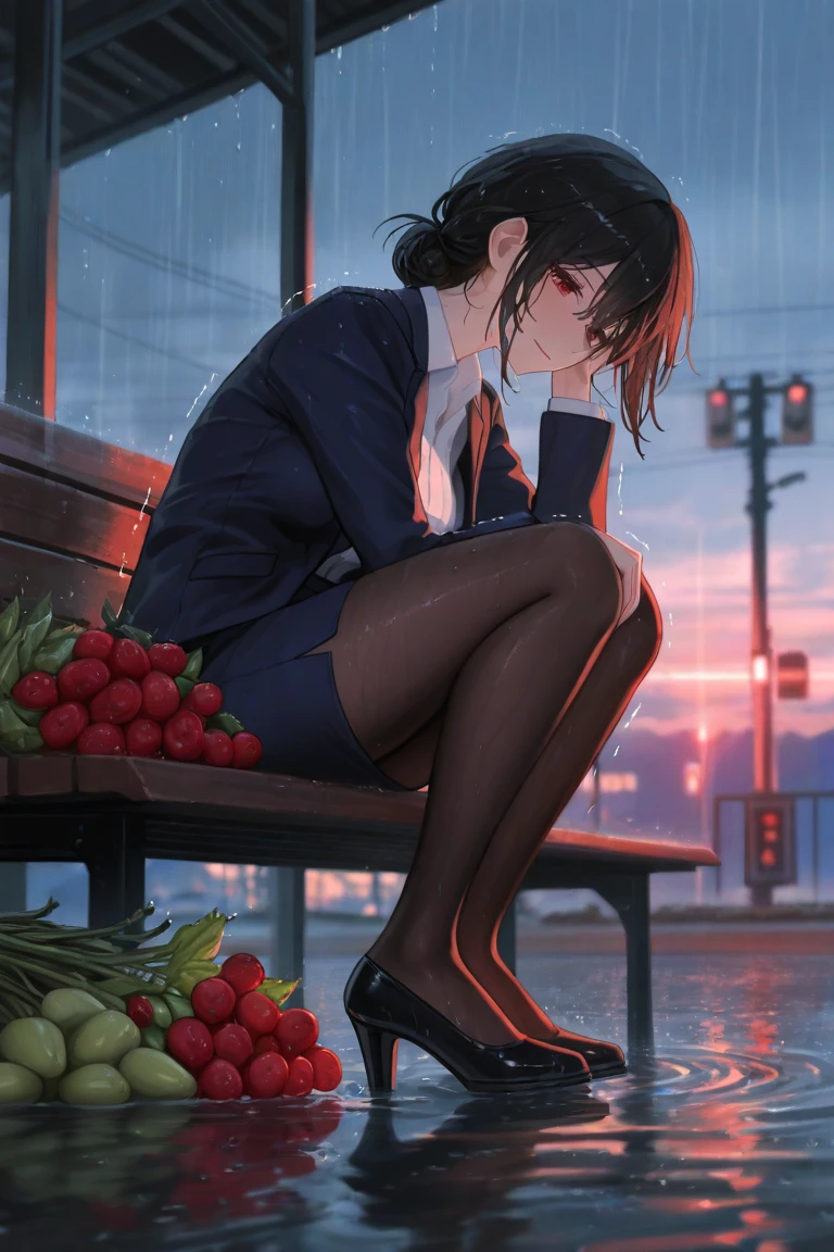rain sunset Satanichia mcdowell sitting in a garden calmly while posing rigorously and contemplating the rain magenta eyes, cabello arreglado rojo semi largo
vestida lindamente
(2 piernas falda larga y calcetines largos negros abrigo negro camisa blanca perfecto
(senos medianos)
