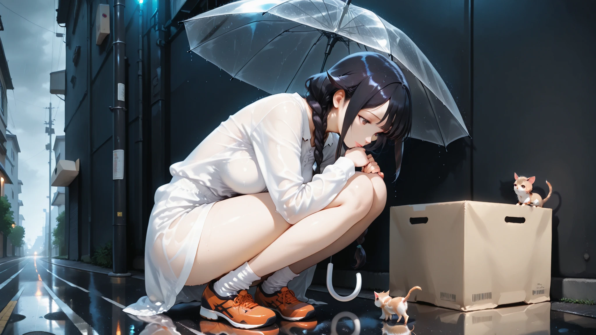 {{{Masterpiece, highest quality, high-resolution background}}}, bright and beautiful atmosphere, 1 girl (, round face, baby face), small breasts, girl falling on the road, half-crying expression, leg exercise sitting , "deltamon_sdXL :0.73)>Deltamon
