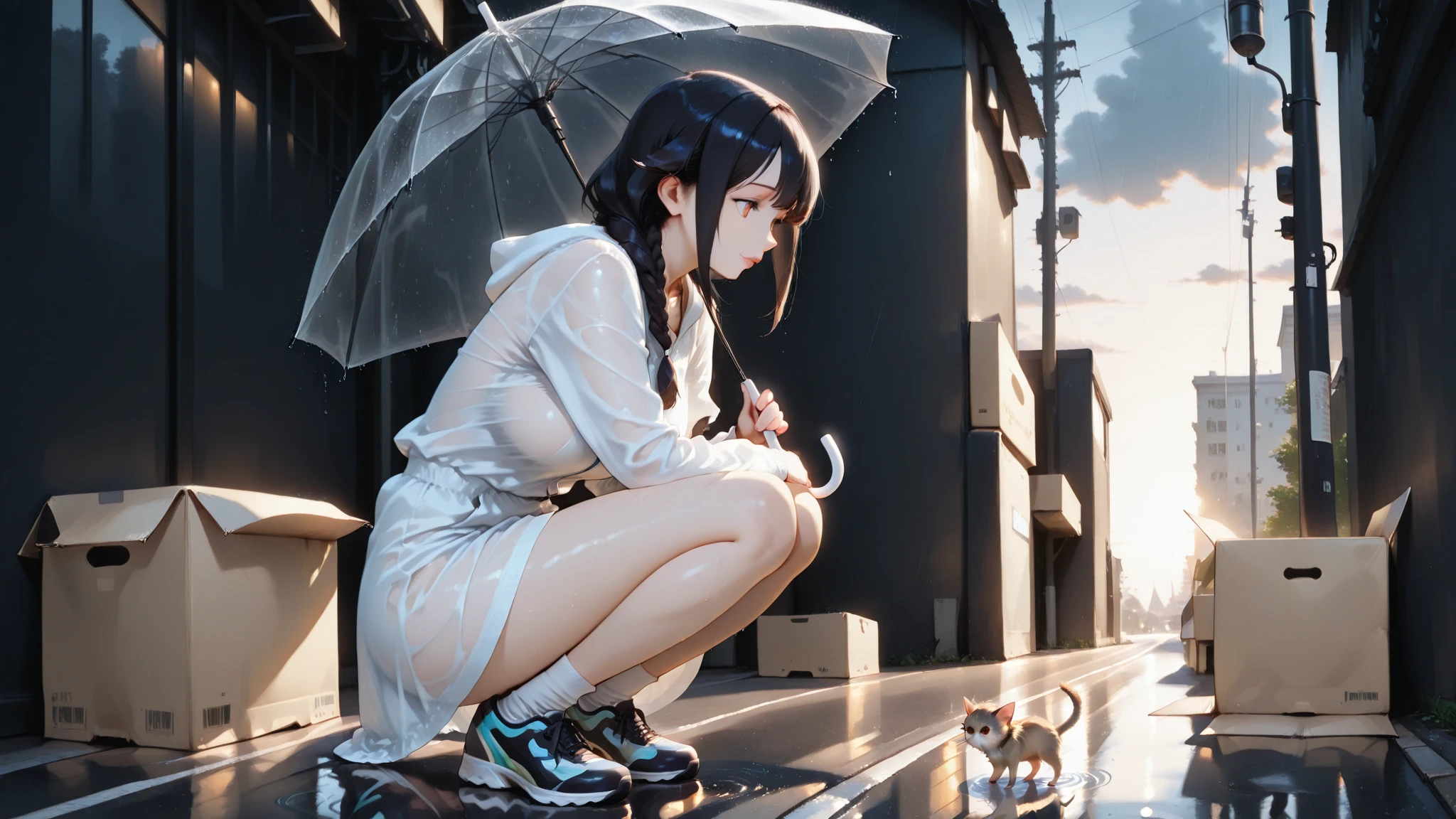 ((Best Quality), (Masterpiece), (In the Rain), 20-year-old woman, Beautiful woman, Beautiful wet black hair, (((Ponytail)), Floral hair ornament, Beautiful brown eyes, Portrait close-up, Wet white shirt, Tie, Checkered miniskirt, Black socks, Black shoes, (thighs), Neon Street,