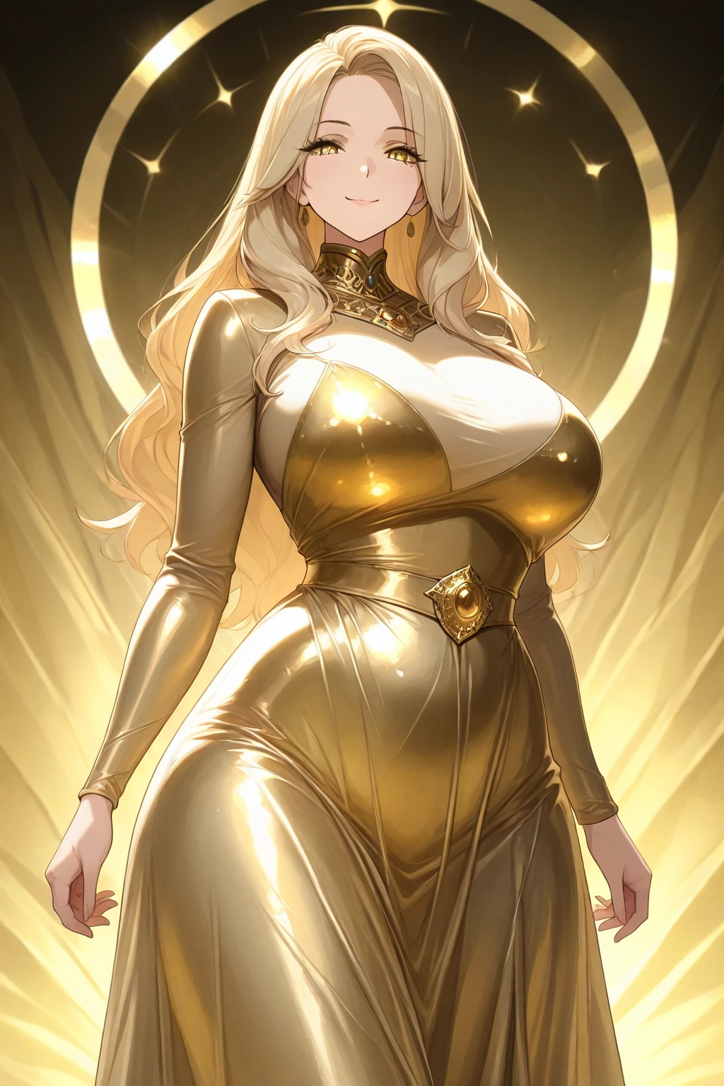 blondie hair, shorth hair, voluptuous, natural breasts, big-ass, ((golden suits)), ((diamond jewelry)), a nuclear electricity sorceress.