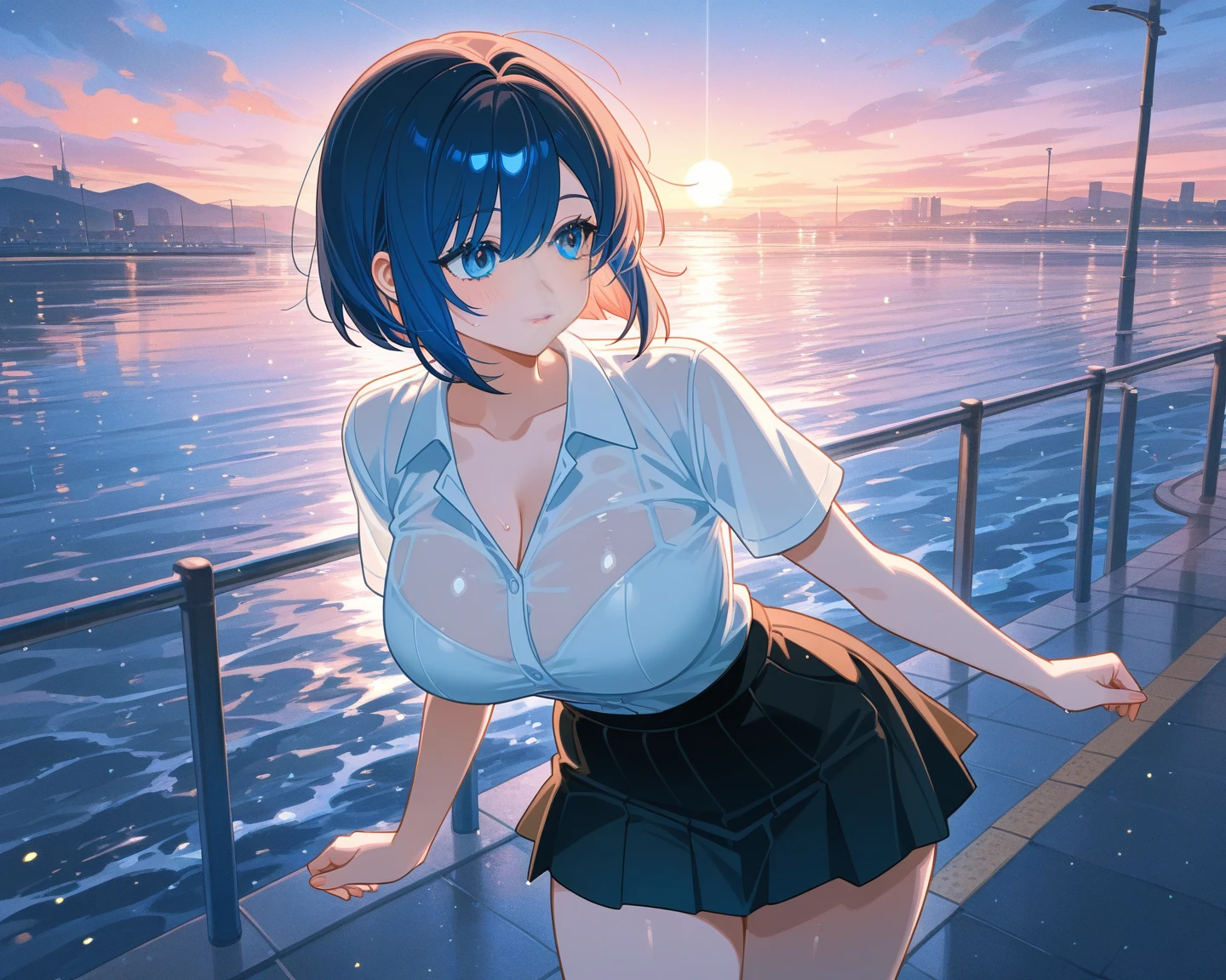 A white dress shirt with a blue bra showing through it, showing her breasts、Cute white underwearを見せつける、Cute white underwear、Sandy beach, beautiful sea, night and starry sky