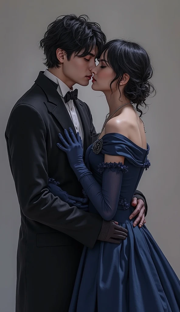 a beautiful princess with long flowing hair, stunning blue eyes, full lips, and an elegant dress, kissing a handsome prince with a chiseled jawline, intense gaze, and a well-tailored suit, hyper realistic, cinematic lighting, dramatic romantic mood, intricate details, vivid colors, digital art, masterpiece