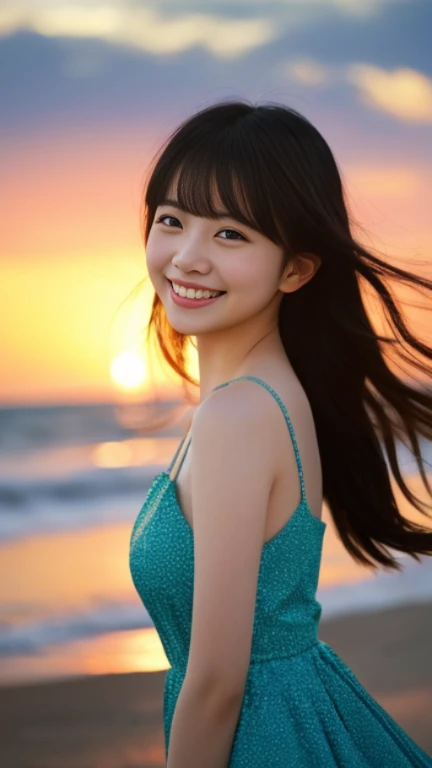 A very cute face like an idol、Looks like a young face、20-year-old female、Gentle and cute、A kind smile、Cleavage、one piece、Beach with beautiful sunset、A toast with beer、whole body、RAW Photos、Genuine、Artistic、Real Stick、High resolution、Genuine Life、No copyright notice