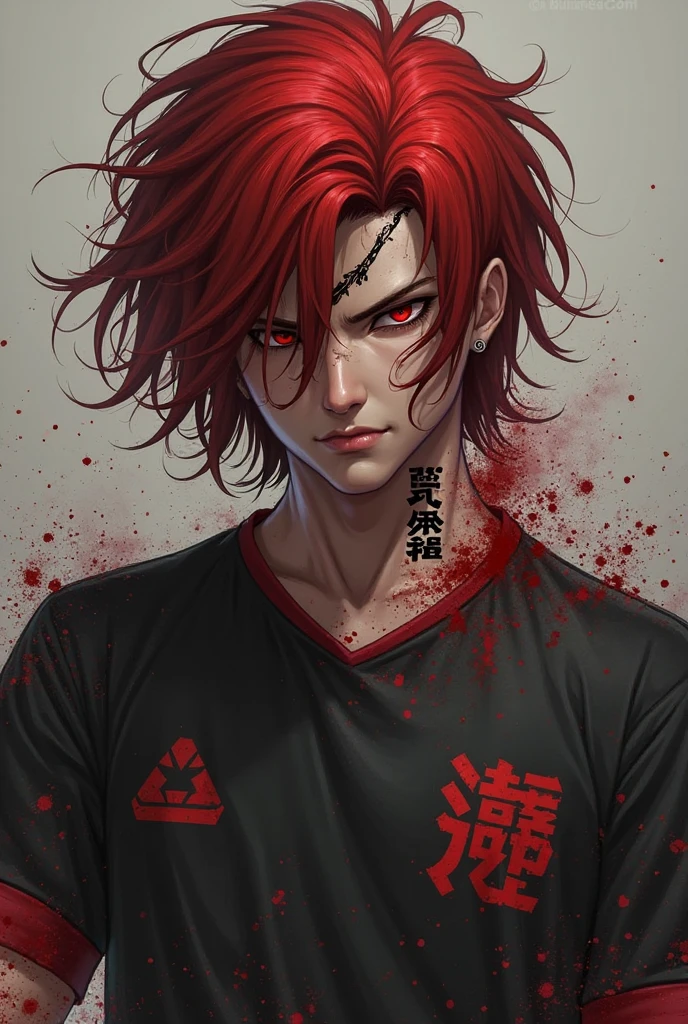 Young boy with handsome face, short red hair, Japanese haircut, gray eyes, long eyelashes, black collar, Japanese schoolboy outfit, behind broken glass, red liquid, sad expression, ultra-detailed, in shadow, scar, alone, demon shadow looming on wall, dark, horne, blood, bloody tear, demon, dark.