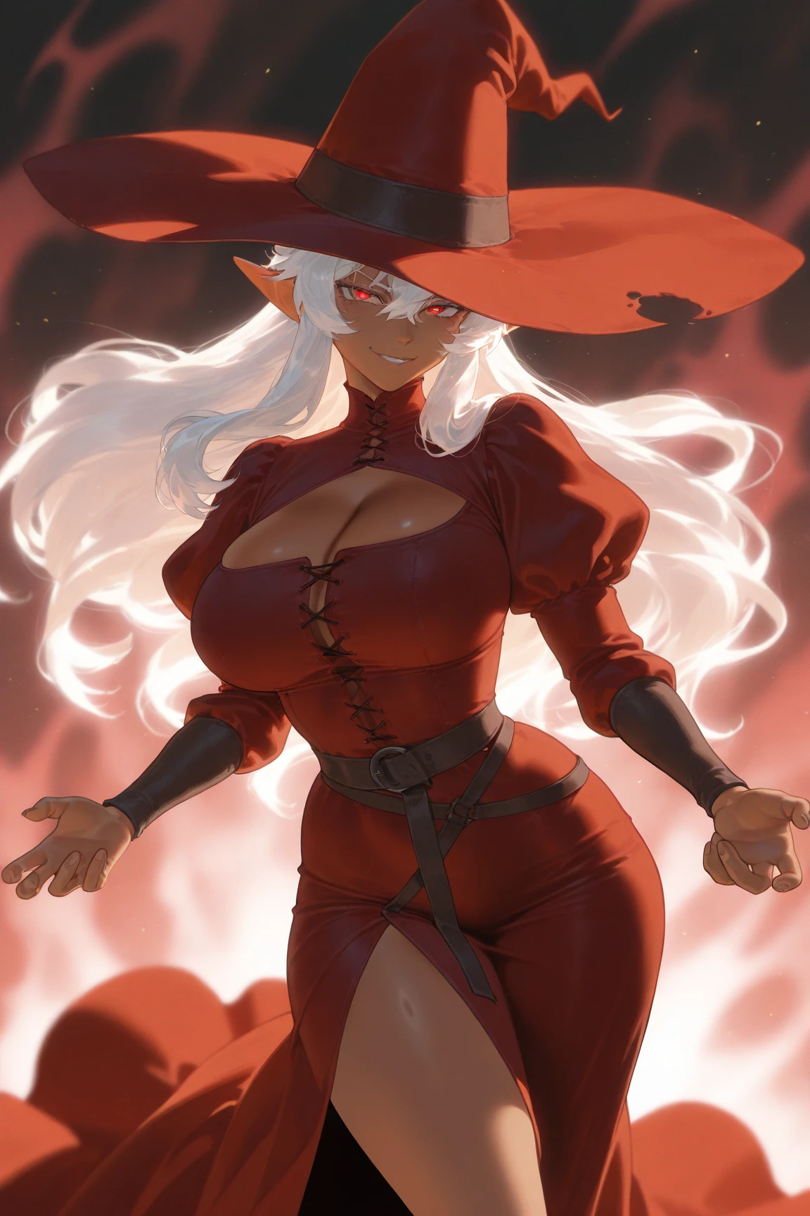 1girl, solo, huge breasts, , wide hips, thick thighs, curvy, black overalls, bDesdemona, red skin, white hair, , horns , pants, cloak, pullover, full body, coat