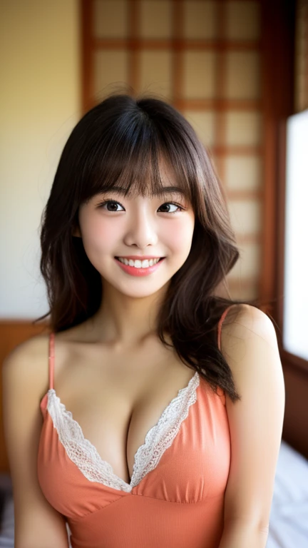 masterpiece,best quality,(Japanese ),((Beautiful girl)),cleavage,indoor,(perfect body beauty:1.2),(shy smile),beautiful teeth,