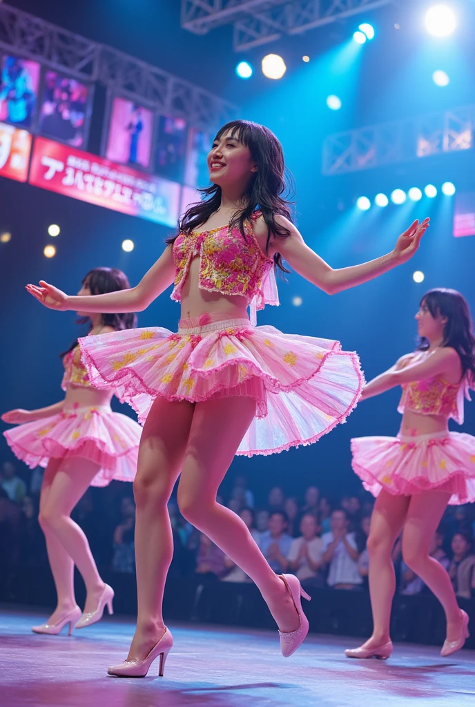 (masterpiece), best quality, expressive eyes, perfect face,disneyland,((marika matsumoto open thighs)),yellow butterfly style dancer,flared mini skirt,up skirt,((shoot from below)),(on stage),dancing,(white panties),独奏,Matsumoto Marika,