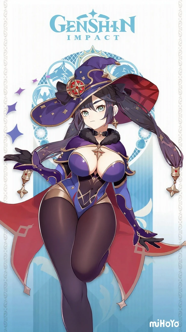 1girl, mona \(genshin impact\), genshin impact \\\\\ masterpiece, best quality, very aesthetic, absurdres, newest \\\\\\ slim body,///// ,by nyantcha,cutesexyrobutts , by khyle,,////// ,,solo,, , ,,detailed face, , ,, , , wallpaper, , beautiful face,  sexy, , blush, , space background, big tits, hat, portrait
