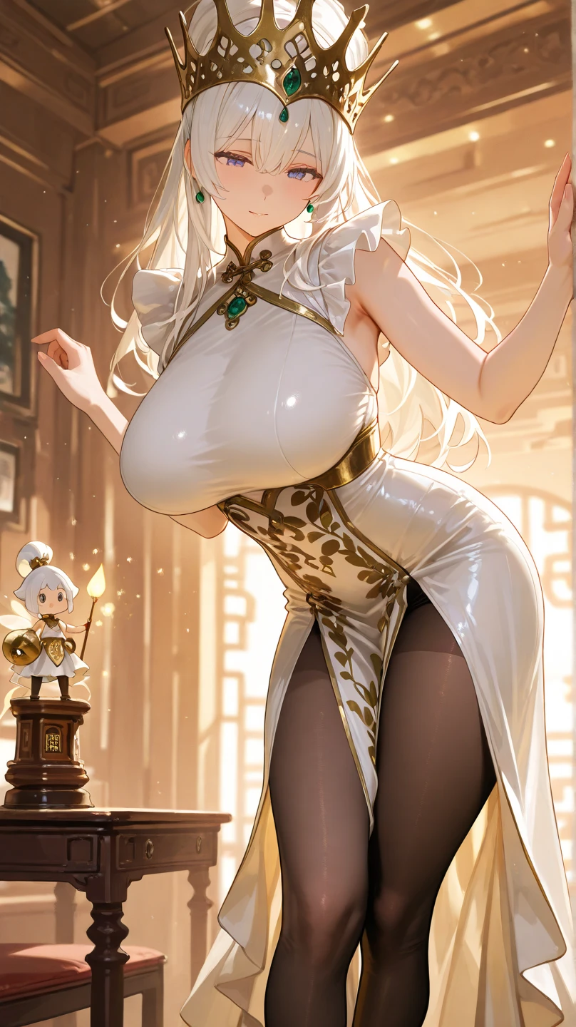 Highly detailed CG unit 8k wallpaper, masterpiece, High resolution, highest quality, highest quality real texture skin, Super Real, Digital Painting, Best image quality, 最High resolution, 8k, ((Highly detailed eyes and face)), 1girl, Beautiful eyes every detail, Full Body Shot, (((Saggy breasts, Gravity-dependent breasts, long chest, Heavy chest, ))), ((disproportionate breasts, huge breasts, sagging breasts, Cleavage, gigantic breasts, erect nipple,)), short hair, Tube top, Loincloth, Chinese style embroidery, china dress, chinese dress, ancient China, evil grin, smile, black hair, 