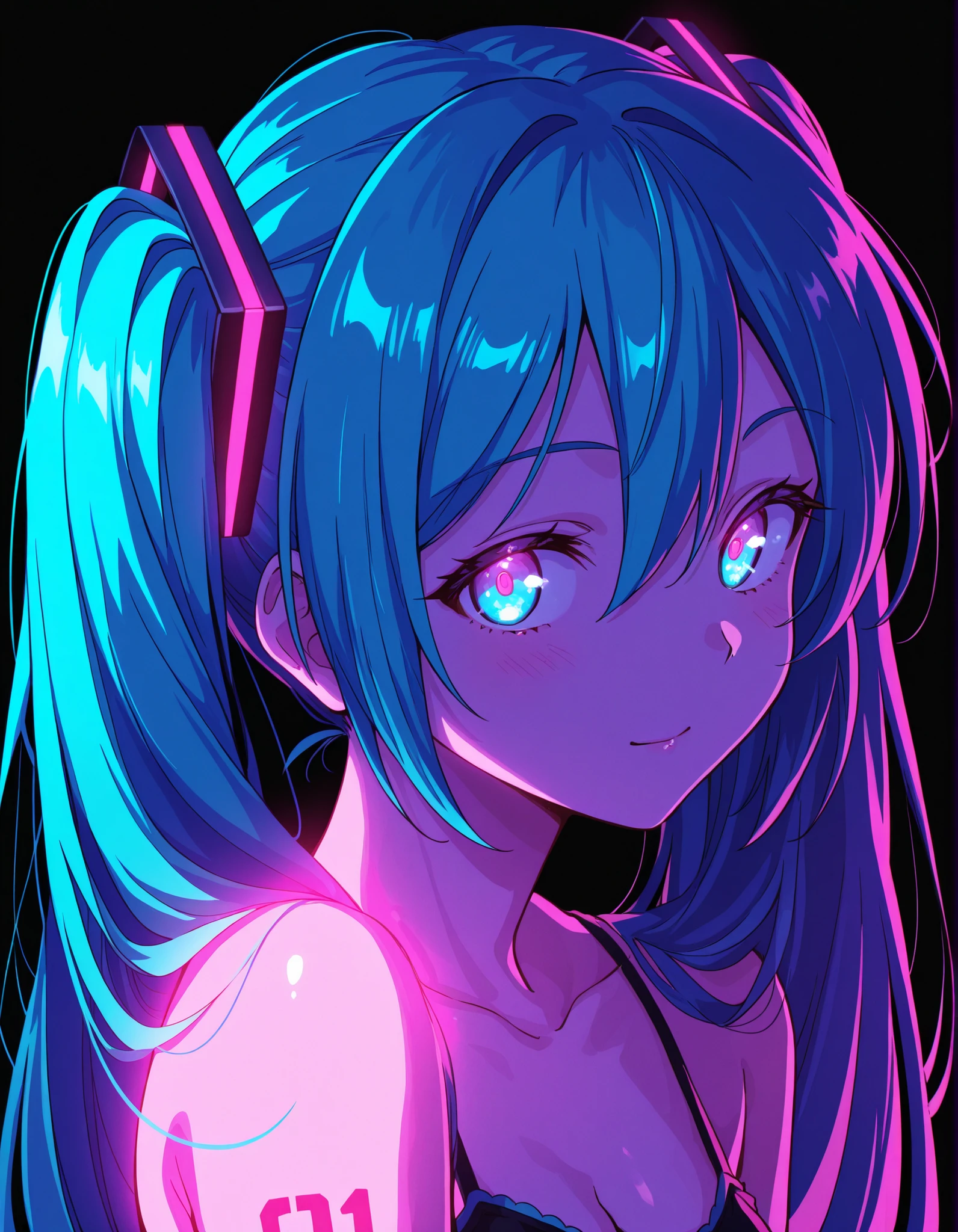 jelsis,, Hatsune Miku,limited palette,black background,colorful,vibrant,glowing outline,neon,blacklight,looking at viewer, masterpiece, very aesthetic,