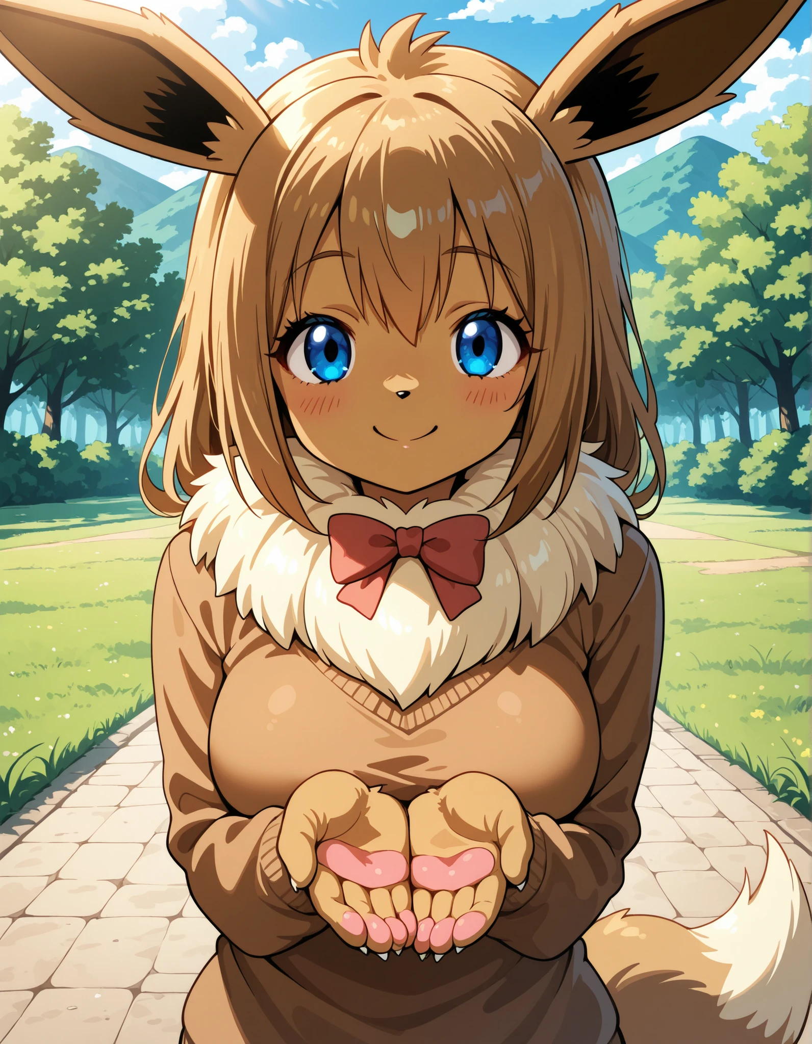 jelsis,, pokekid, eevee, fluffy girl, furry girl, female, smile, smiling, has a big pretty bow in her hair, has animal paws for hands, 1girl, best quality, outdoors, high definition, cute,