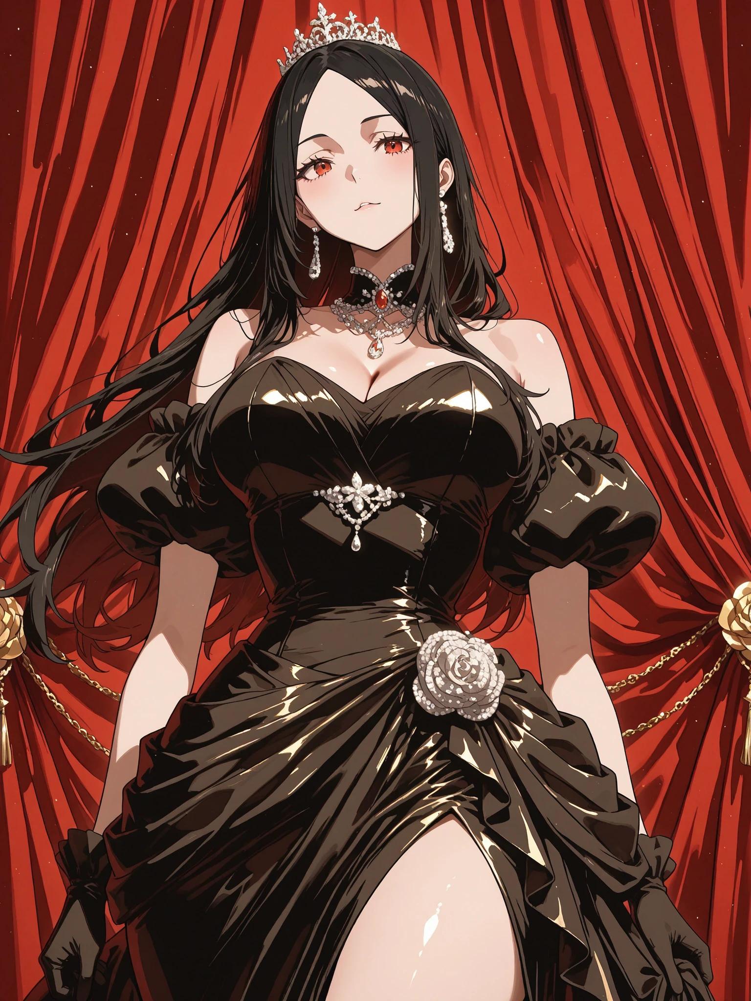 masterpiece, top quality, best quality, official art, beautiful and aesthetic, animation,, 1girl, black hair, golden eyes, long hair big sister, cold, shiny eyes, big chest ,
