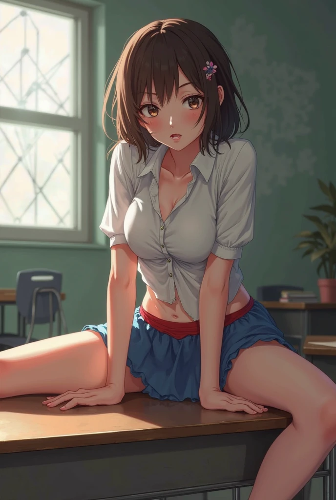 ((A woman is on all fours, ((highest quality)), (Super detailed), (Very detailed CG synthesis 8k wallpaper), very detailed, High resolution raw color photos, professional photography, ((beautiful big breasts)), brown hair, side ponytail, wonderful face and eyes, slender body, (amazingly beautiful girl), (school classroom:1.3), (blazer, white shirt, checked skirt, Red ribbon at collar), (Her shirt is open around her chest, exposing her bra, Stylish pink micro bra), Exact number of arms, Exact number of legs, perfect anatomy, Angle from the side, Merula