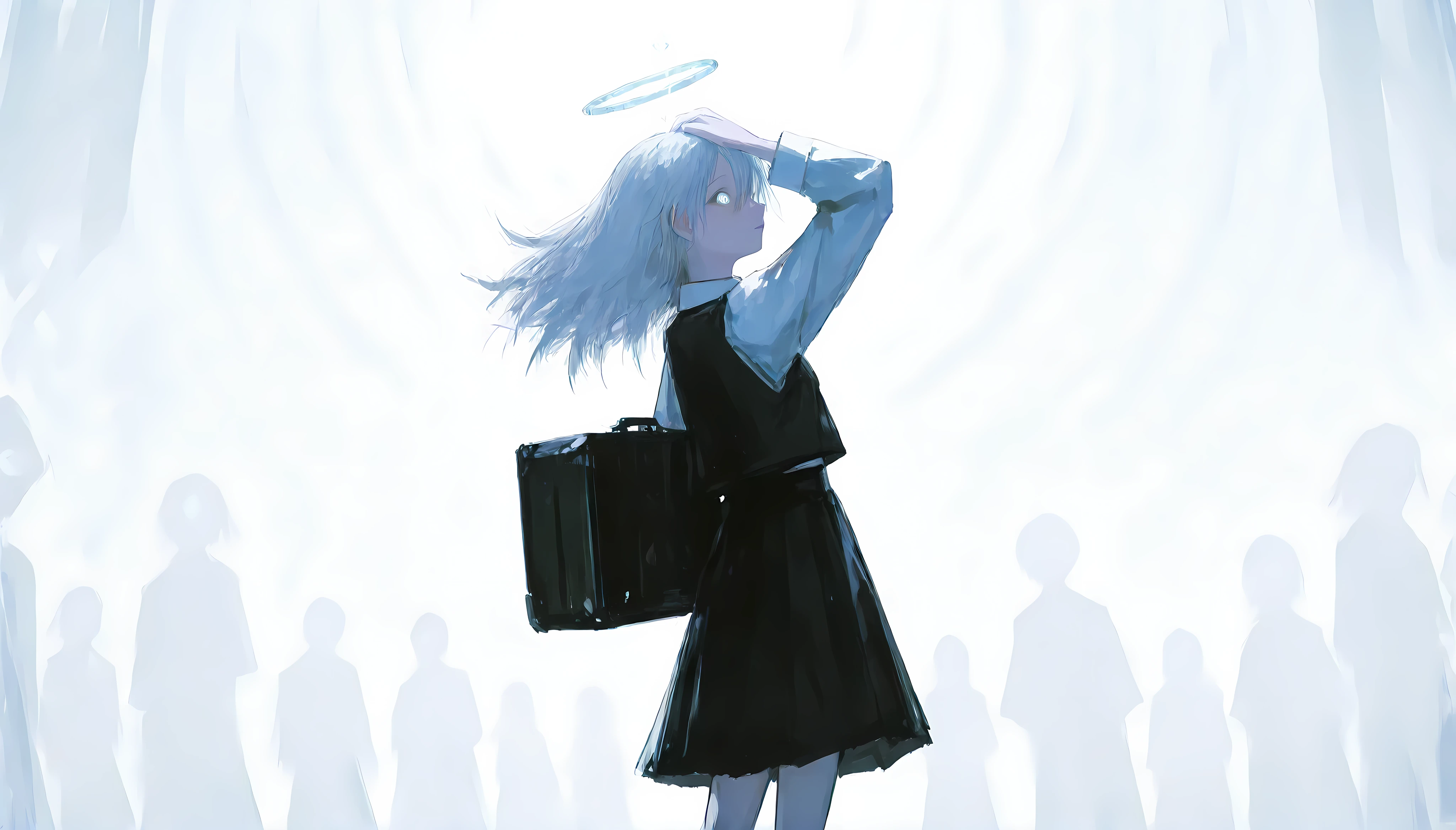 (1girl:1.5), conceptual manga-style black and white illustration with soft light-blue undertones. A surreal and introspective scene showing a lone girl, slightly distant from the viewer, floating gracefully in a celestial, symbolic environment.
She is **completely turned to the RIGHT**, her **face slightly tilted upward**, as if **looking up toward the heavens**, lost in deep thought or divine connection. Her expression is subtly open-mouthed, portraying a feeling of confusion or awe — as if silently making a solemn vow to God.
She levitates just above a **transparent glass circular platform**, which reflects her entire figure, the glowing shapes behind her, and the surrounding environment — like a divine mirror suspended in a void. Her **right hand holds a black suitcase**, hanging naturally by her side. Her hair flows softly, and her long school uniform gently sways with an unseen breeze.
Behind and around her, a large luminous **spiritual circle** — like a glowing mandala or divine sigil — radiates subtle energy. It forms an abstract halo around her, starting from her shoulder and swirling behind her head, like a **circular aura**, artistic and metaphysical.
The entire scene is **washed in soft whites and ethereal light**, creating a sacred, heavenly atmosphere. Add **more conceptual and artistic details in the background**: faded ruins of meaning, floating fragments, delicate divine symbols, or distant angelic silhouettes, barely visible in the radiant mist — giving depth and a sense of holy mystery.
The aesthetic is minimal but expressive. Emotionally reflective, sacred and dreamlike. High contrast lines with glowing soft tones. Heavenly, symbolic, surreal.