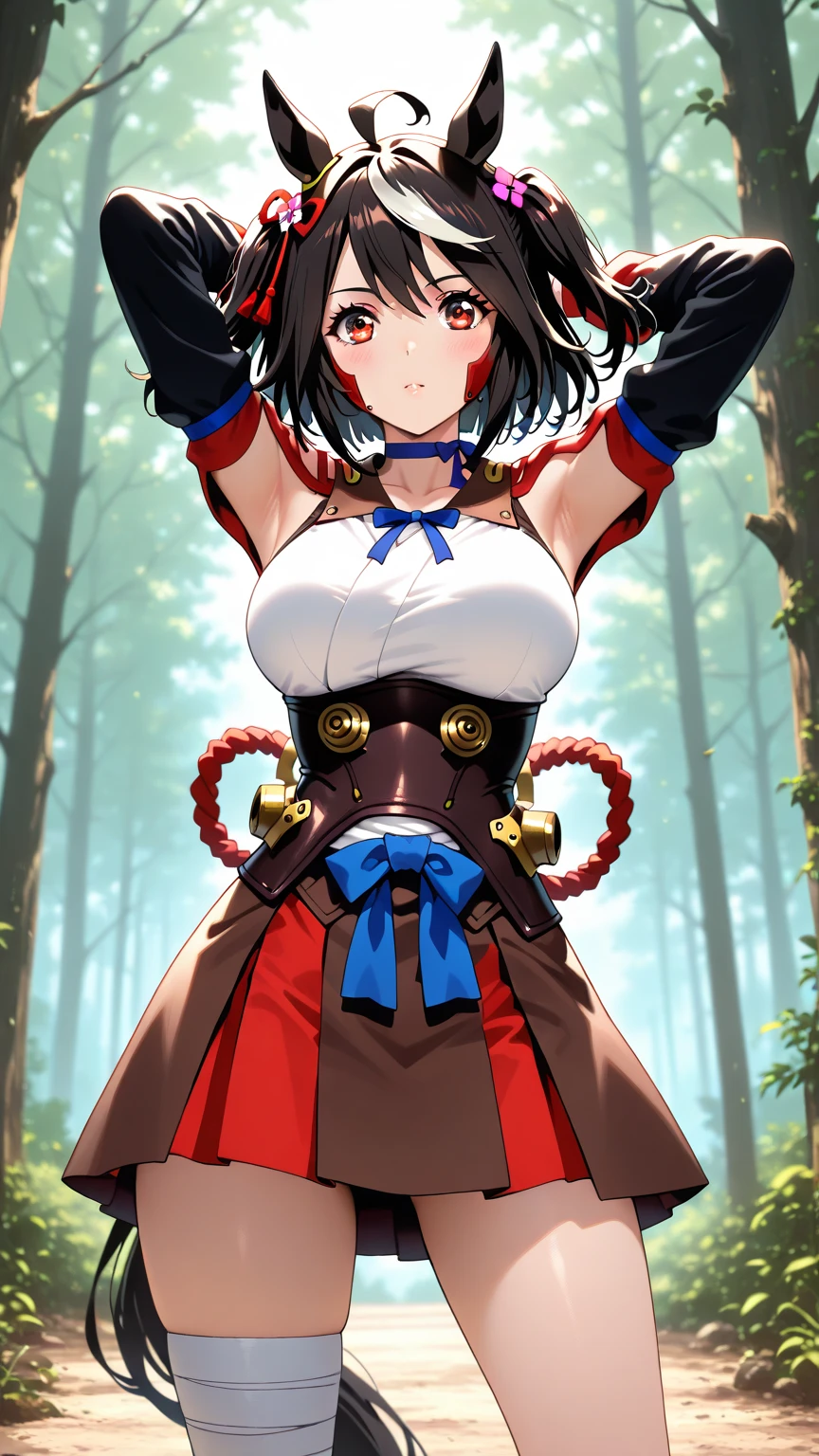 masterpiece, Highest quality:1.2),, One Woman, alone,Shiny skin, 非常に非常にHuge breasts、Thick legs、とてもHuge breasts、Huge breasts、Are standing、Composition from the front、smile、look forward to、Stand up straight, Turn your body forward、Braiding,Underarm、skirt、(Kitasan Black)、Looking into the camera