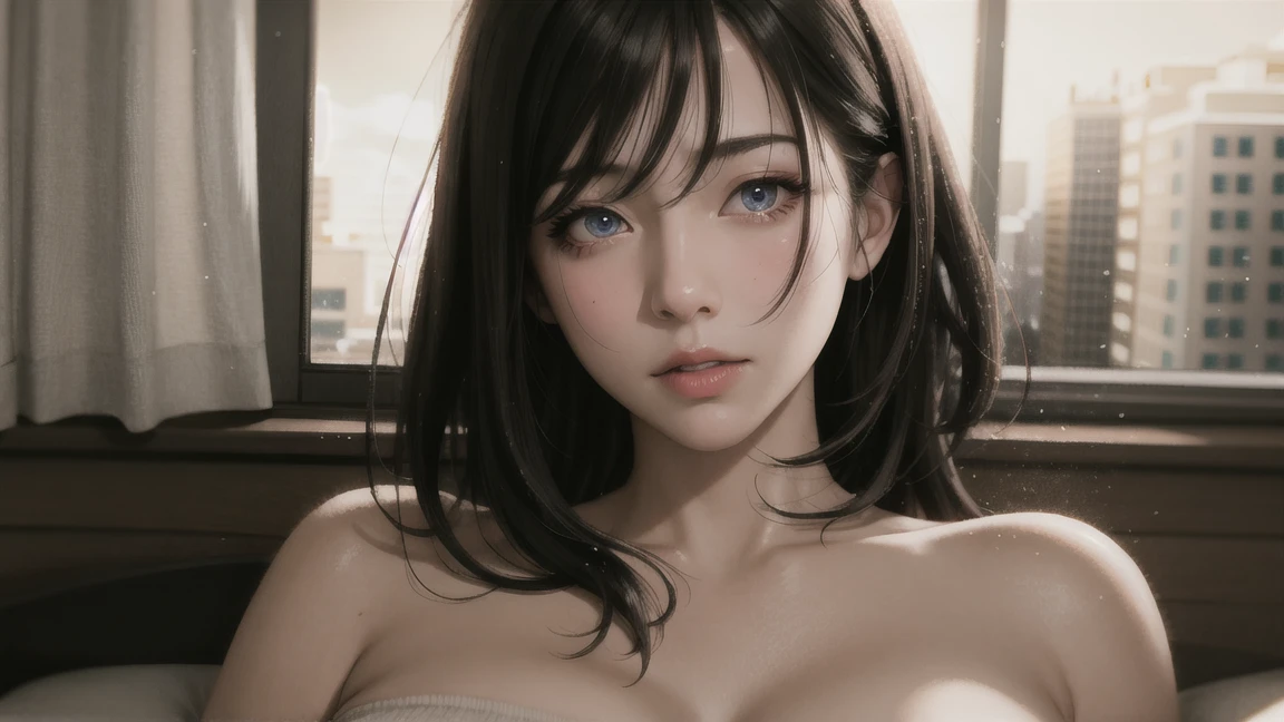 (In 8K, highest quality, masterpiece:1.2), (realistic, Photoreal:1.37),Close-up shot of crotch、 (masterpiece:1.4), the most beautiful girl in the world, glossy lips, highly detailed eyes, disorganized, HDR, Super detailed illustrations, highly detailed face, Raw photo, film grain, skin pores, Trending on deviantart Super detailed., looking at the viewer, cinematic lighting, perfection, soft light, high resolution skins:1.2, realistic skin texture, high school girl、small face、No makeup、, ,bust B cup、 exposed cleavage, blue eyes, short hair, dark brown hair、gray background、lie down in bed、Pussy、very thick pubic hair、white teeth,((Pubic hair is visible))、raise one leg、