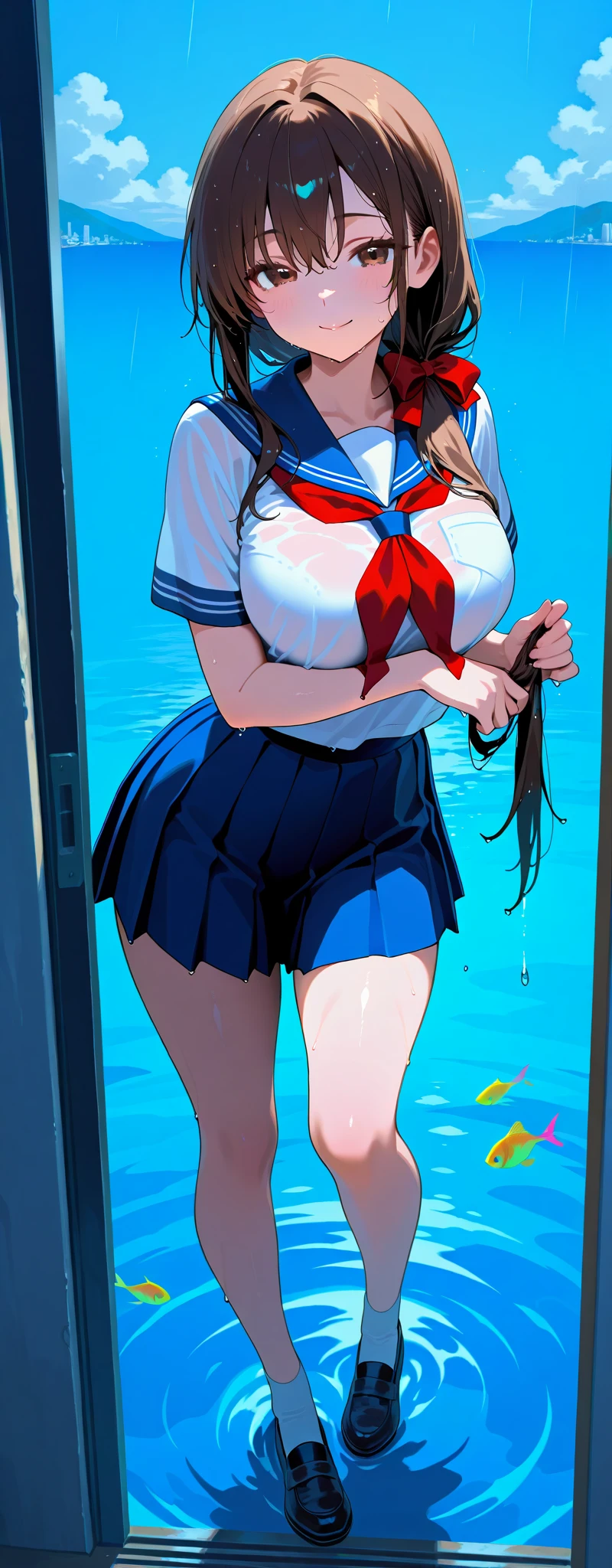 1 girl, detailed blue eyes, lange wimpern, detailed beautiful face, 4k quality, (Long black hair:1.4), (arms behind back:1.6), gefesselte Arme, Red rope, (blushing:1.3), (Big boobs:1.2), (weißes Hemd mit schwarzer krawatte, black skirt, school girl, 18 jears old:1.6), OTN, Gag, gagged, shibari, liegend im wasser, nah aufnahmen, wet clothes, laying in beaxh water, liegend