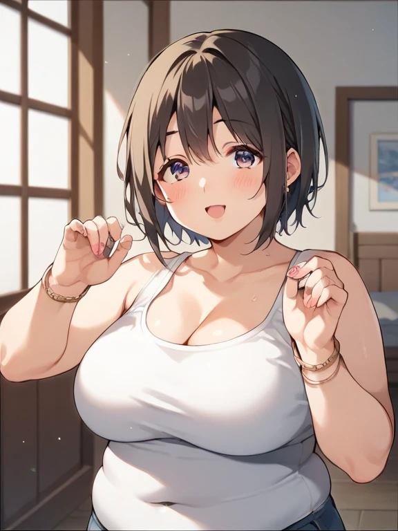(best quality), (Super detailed), (Best Illustration), (1woman), look at viewer, from side, (gym clothes), (Big Breasts:1.2), {brown hair, (bob cut:1.2), curly hair, hairs between eyes}, {(detailed eyes), heart-shaped pupils, blue eyes}, blush, sweat, steam, earrings, white hairband,