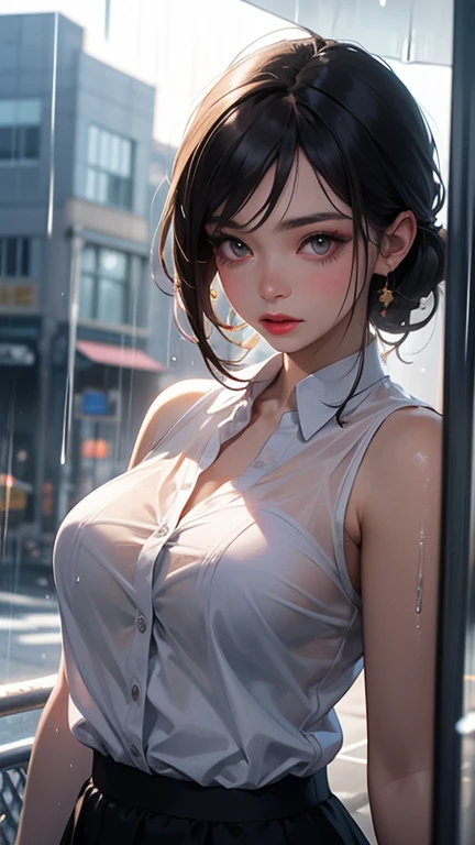 (best qualityer，8k，Main：1.3)，Sharp focus：1.2，Beautiful Women with Perfect Figure：1.4，Alvine：1.2(layered haircuts，Bigchest：1.2)，(Bare-chest)(Large, nice pink hard )(Thin, damp buttons to shirt length：1.1)，(Rain-wet white shirt)，(Sateen，street：1.2)，Wet body：1.1，Very delicate face and skin，A detailed eye，二重まぶた，二重まぶた，suntanned skin，Raised sexy，Sepia skin。