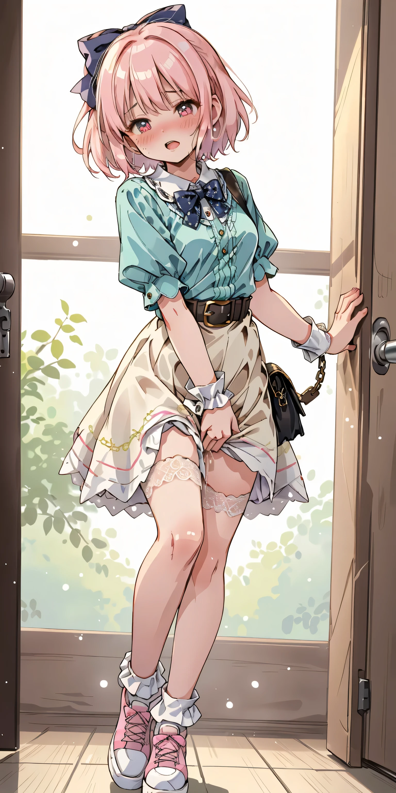 (masterpiece:1.4), (best quality:1.4), realistic, 1girl, artoria pendragon \(fate\), (((white shirt,denim’s very short skirt , embarrassed,upskirt,white lace panties,lift skirt,